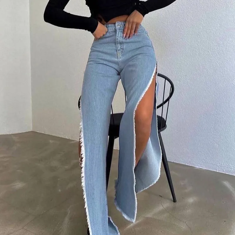 Girlary-shop fashion outfits High Waist Double-Sided Split Wide-Leg Denim Trousers 2024 Autumn Street Hipster Sexy off-Leg Pants for Women