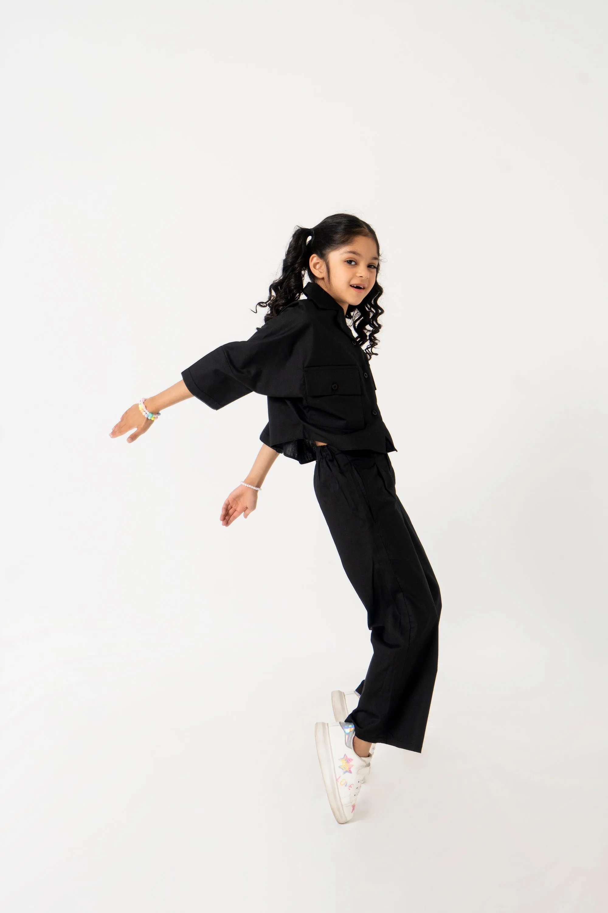 Girls High Waisted Culottes Pant With Pleat - Black