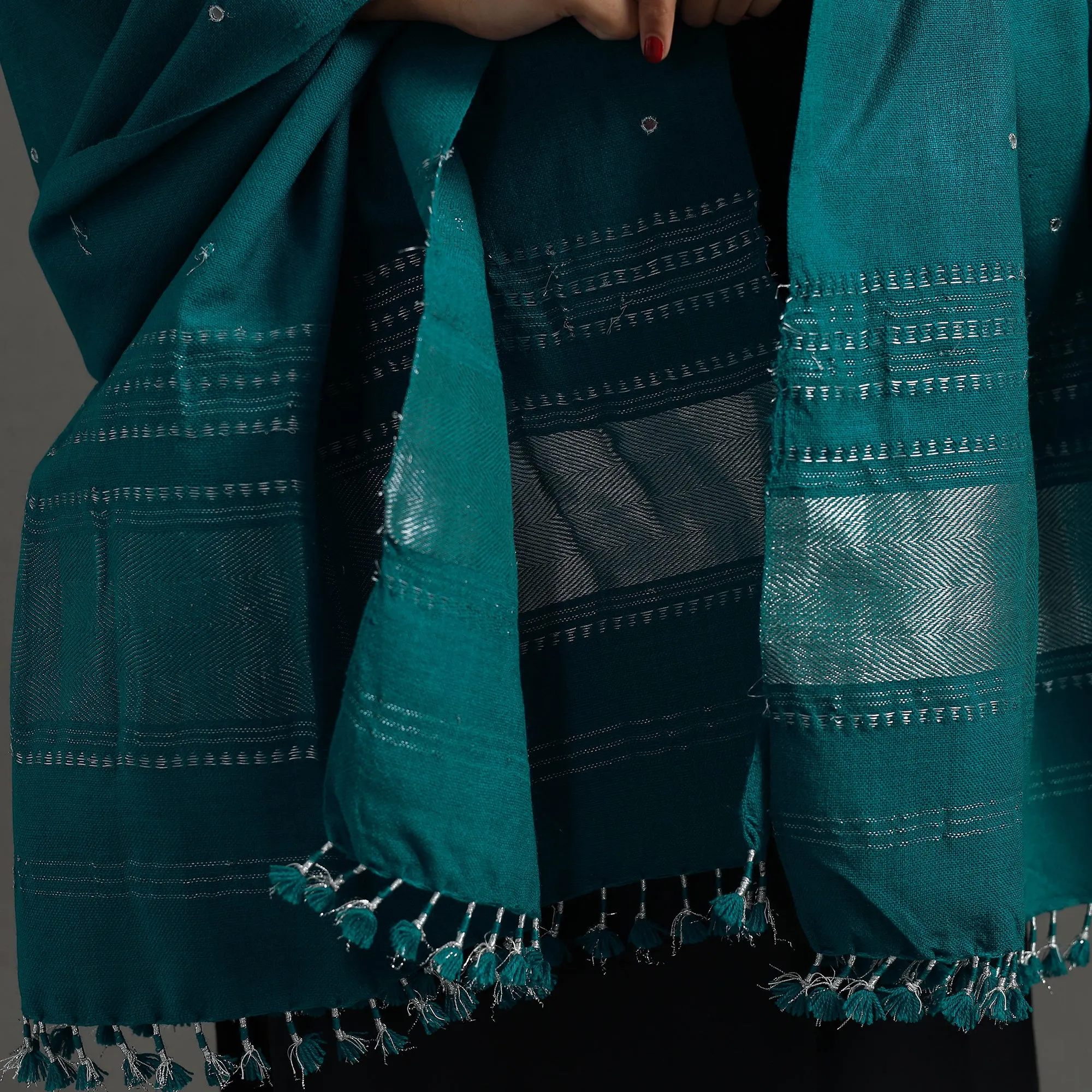 Green - Kutch Zari Hand Embroidery Mirror Work Woollen Shawl 128
