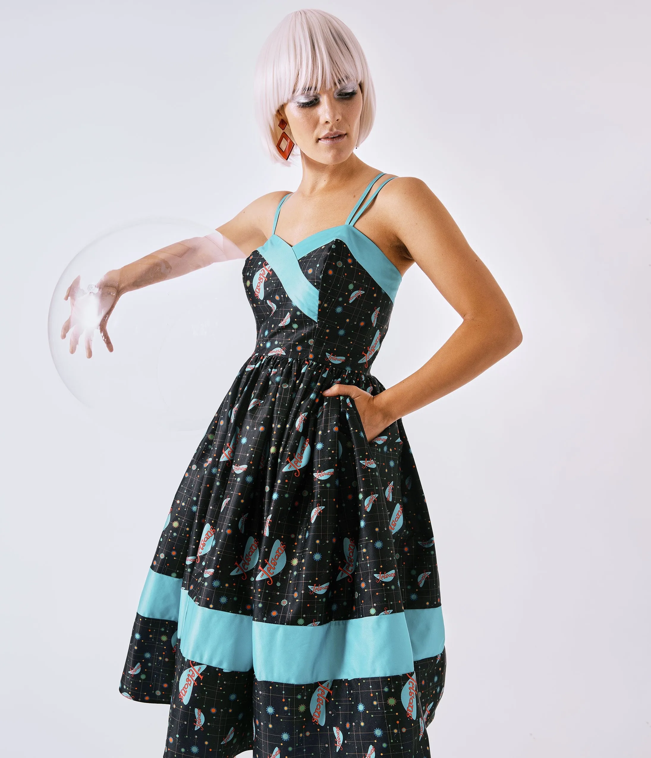 Jetsons x Unique Vintage Retro Cosmic Logo Darienne Swing Dress