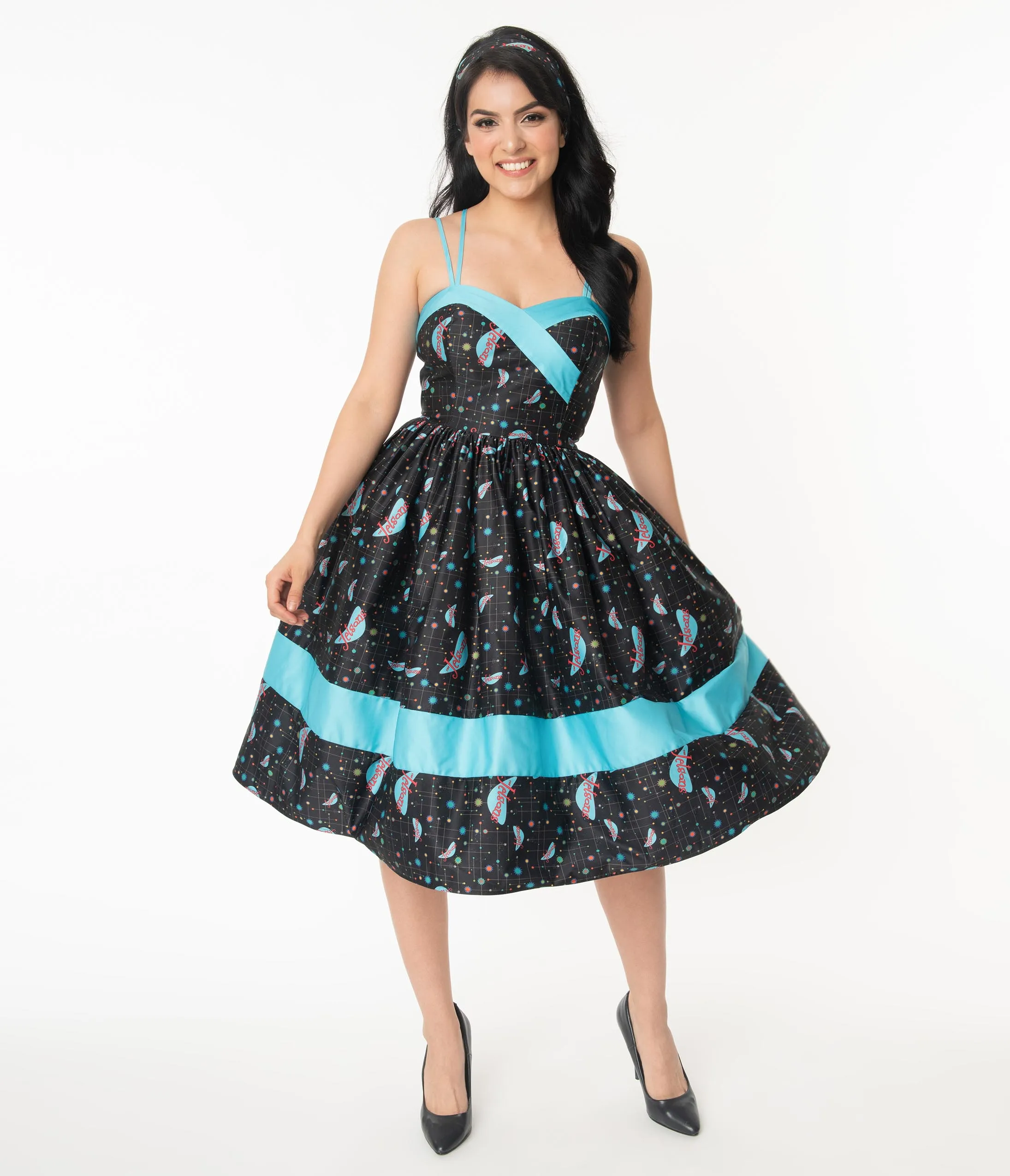 Jetsons x Unique Vintage Retro Cosmic Logo Darienne Swing Dress