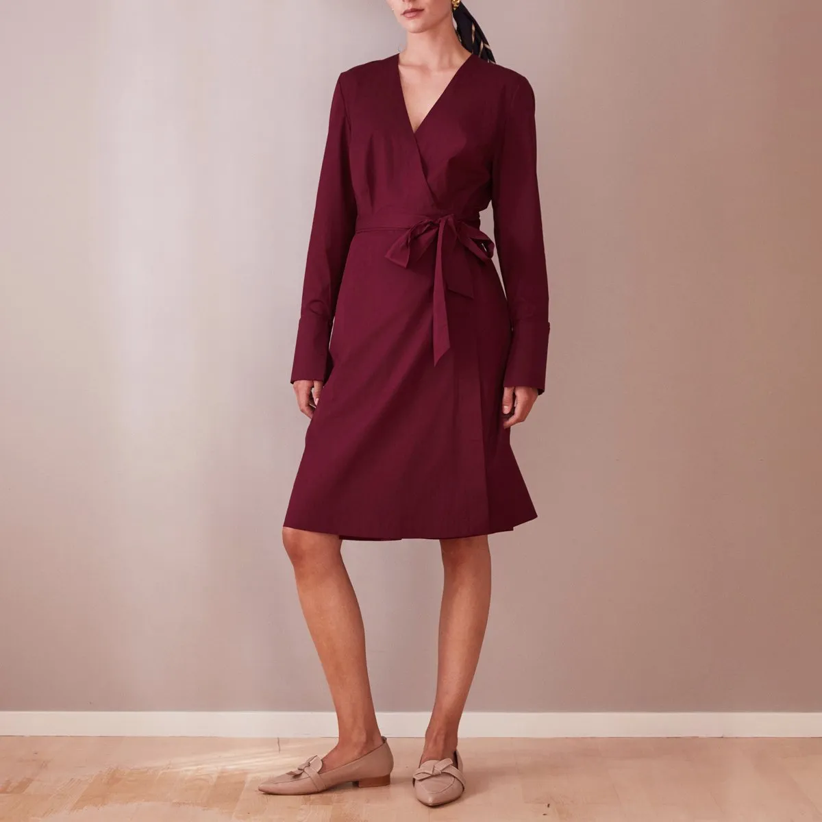 Knee Length Wrap Dress Wine Red