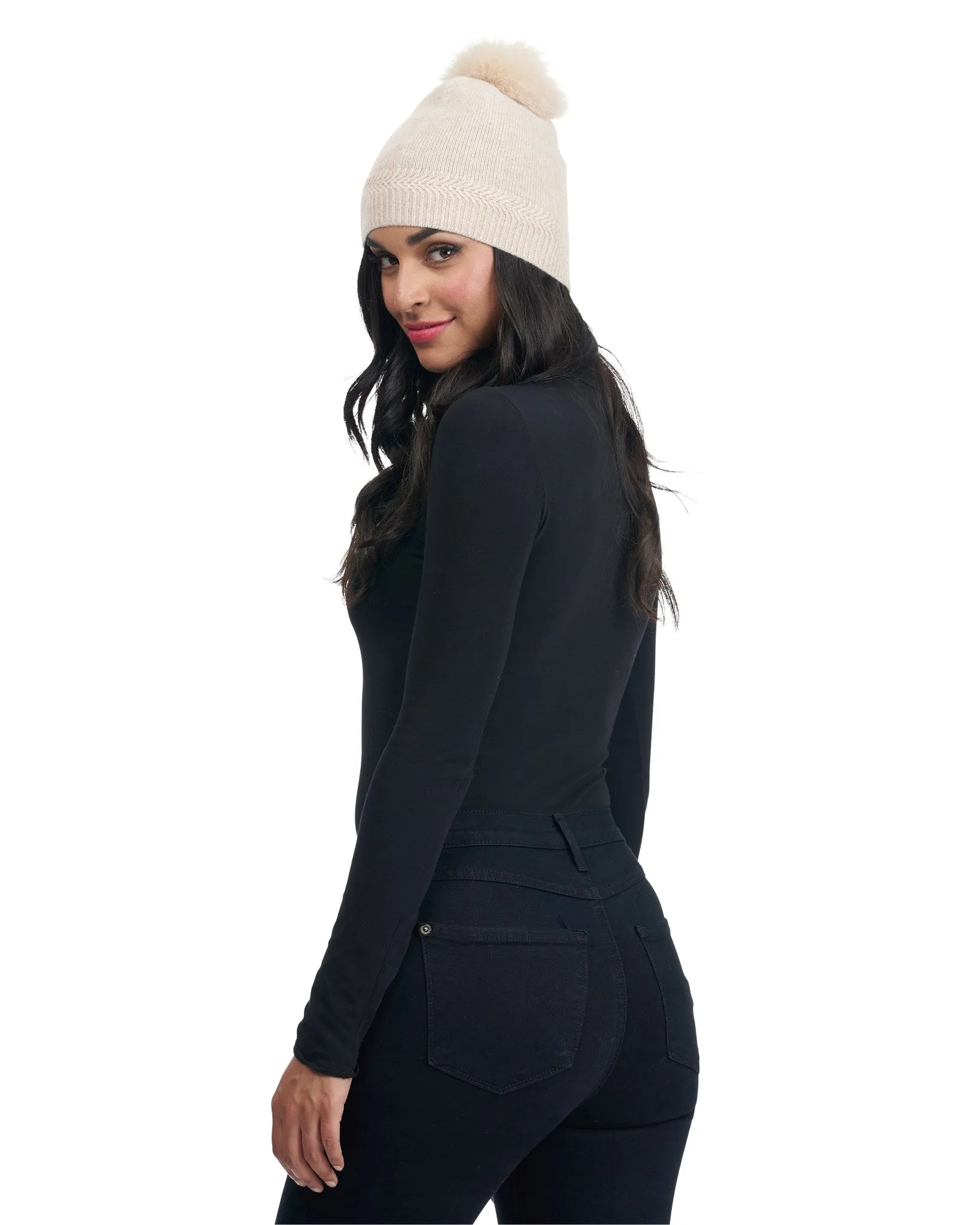 Knit Cashmere Hat with Fox Fur Pompom