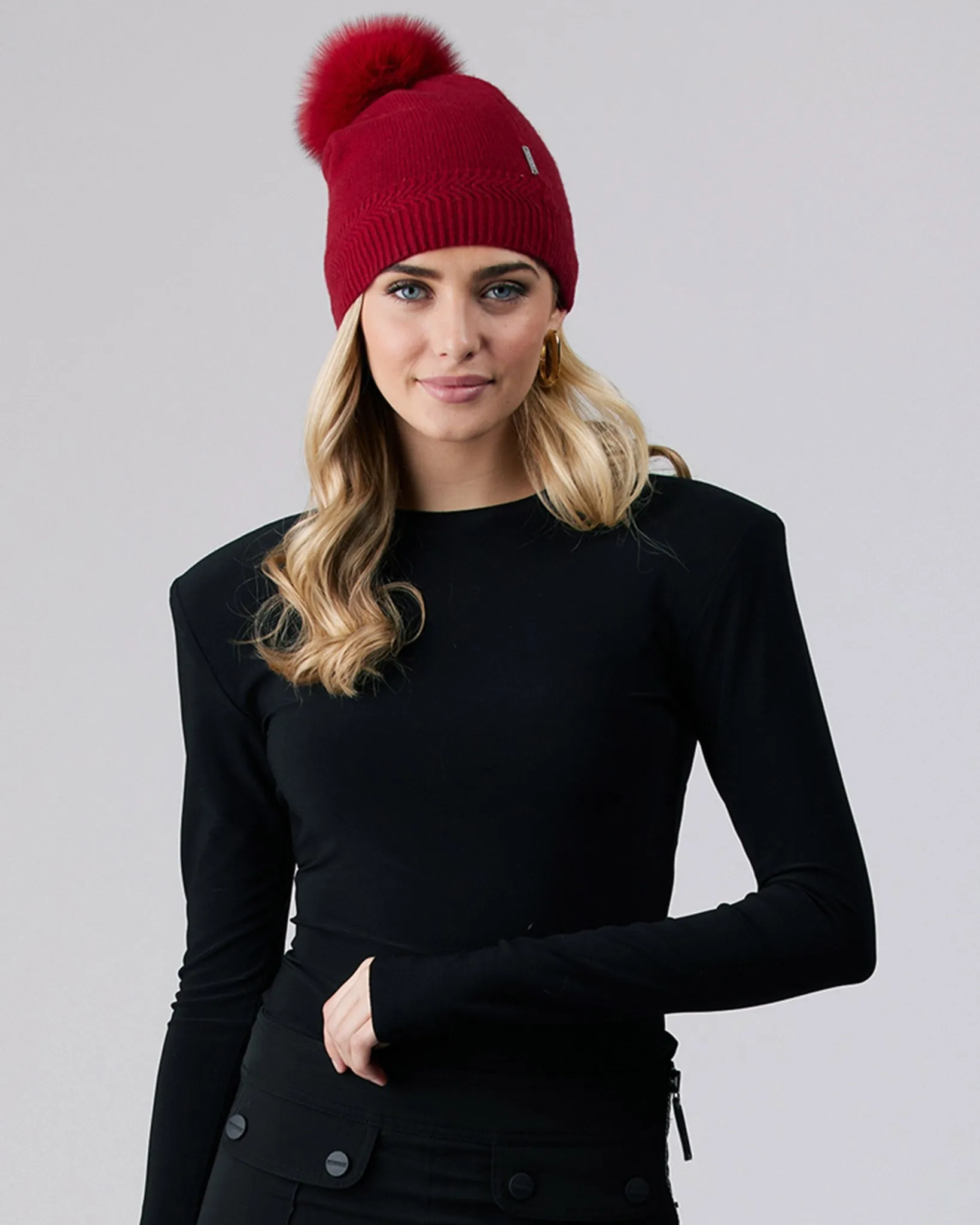 Knit Cashmere Hat with Fox Fur Pompom