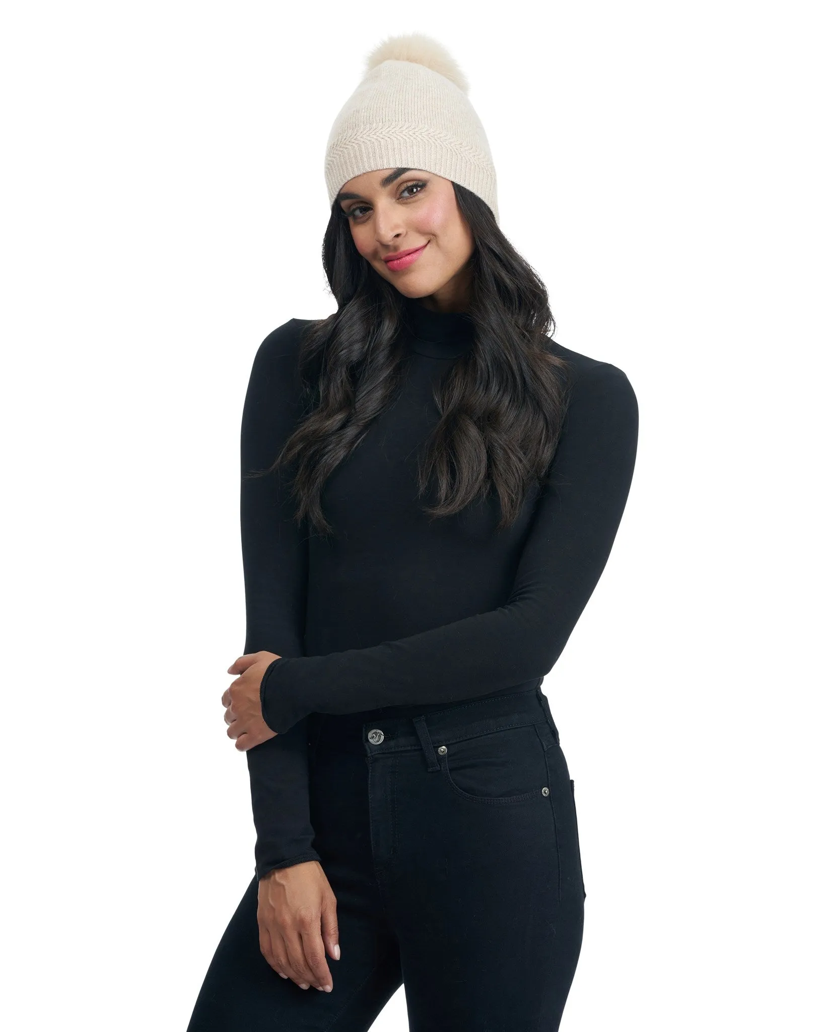 Knit Cashmere Hat with Fox Fur Pompom