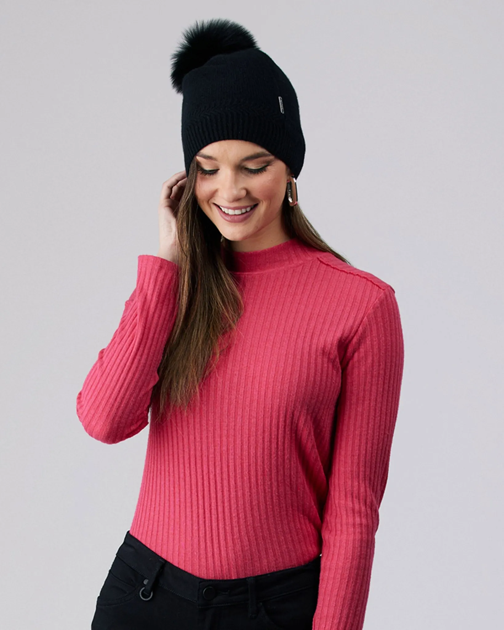 Knit Cashmere Hat with Fox Fur Pompom
