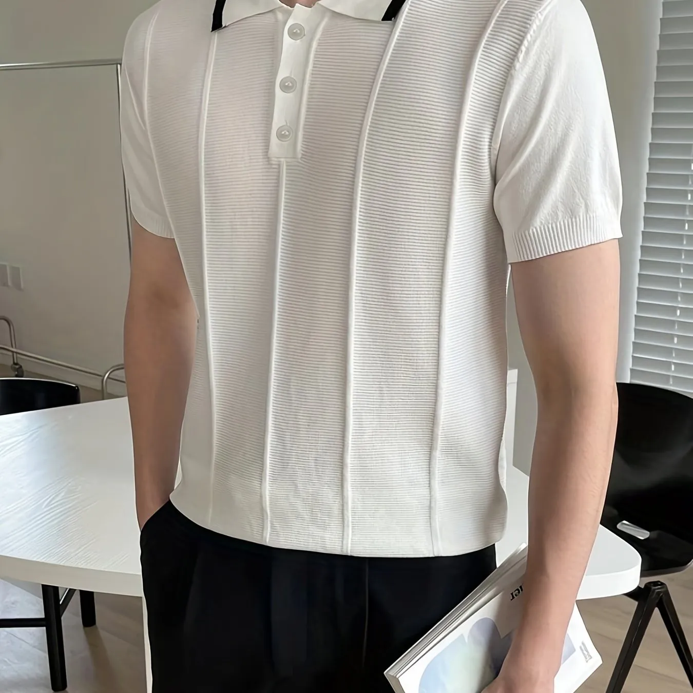 Knitting Short Sleeve Polo Shirts, V-neck Button Up Casual Tops, Men's Clothing