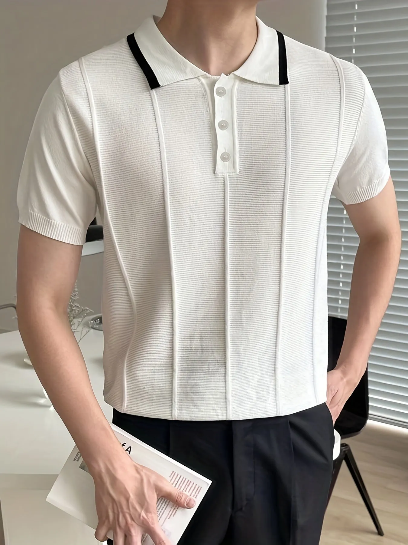 Knitting Short Sleeve Polo Shirts, V-neck Button Up Casual Tops, Men's Clothing