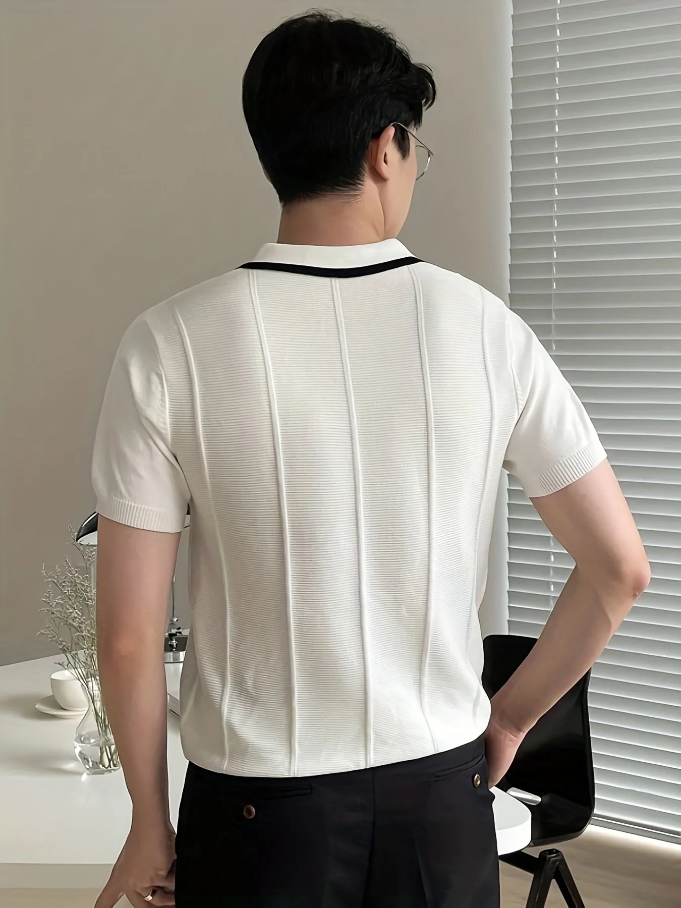 Knitting Short Sleeve Polo Shirts, V-neck Button Up Casual Tops, Men's Clothing