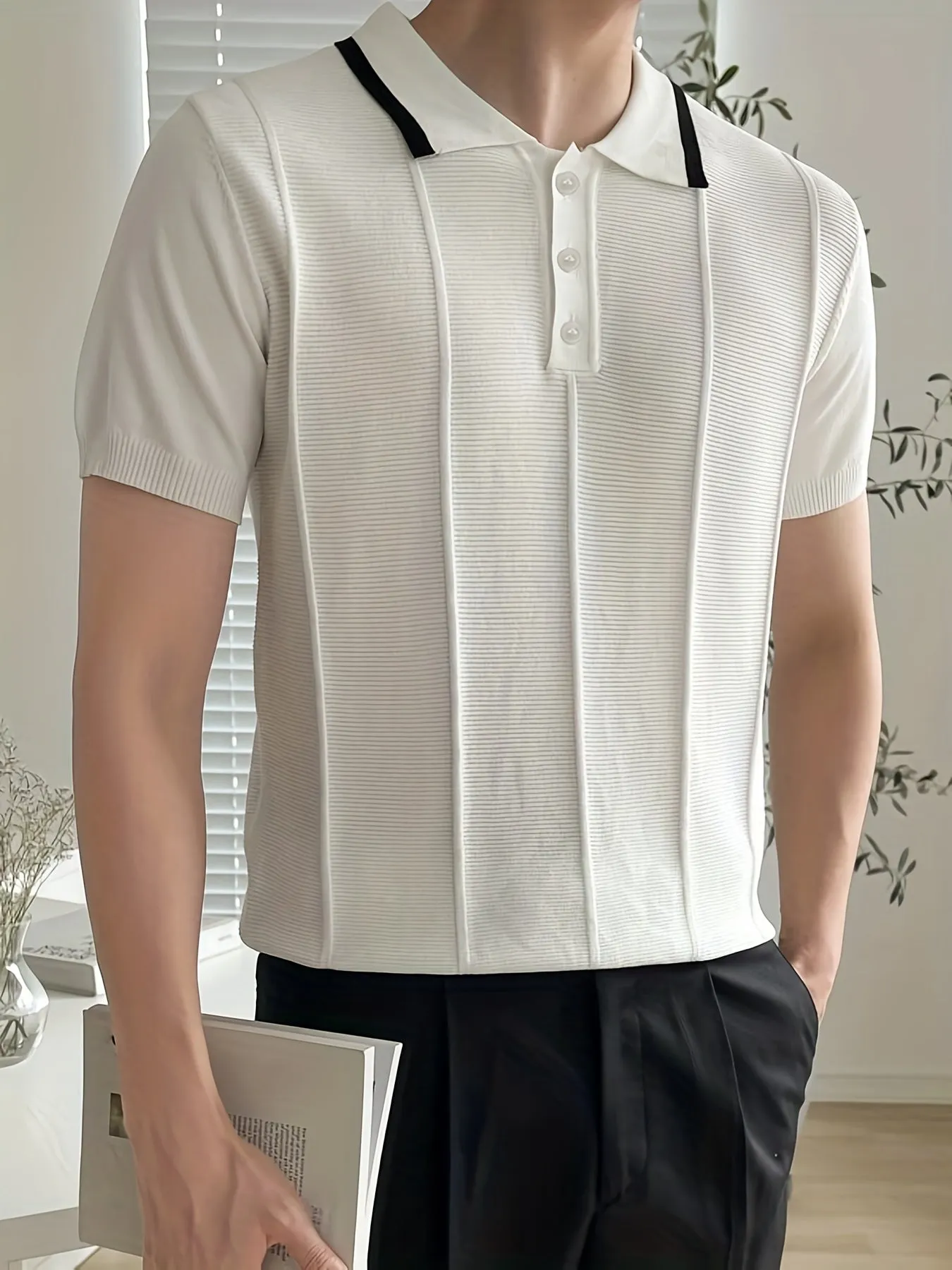 Knitting Short Sleeve Polo Shirts, V-neck Button Up Casual Tops, Men's Clothing