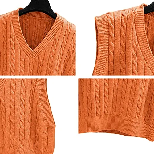 Lailezou Women's V-Neck Knit Sweater Vest Solid Color Argyle Plaid Preppy Style Sleeveless Crop Knit Vest Orange