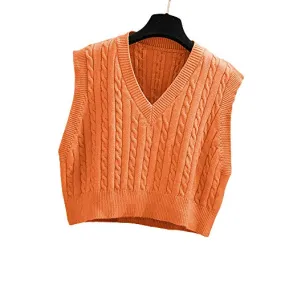 Lailezou Women's V-Neck Knit Sweater Vest Solid Color Argyle Plaid Preppy Style Sleeveless Crop Knit Vest Orange