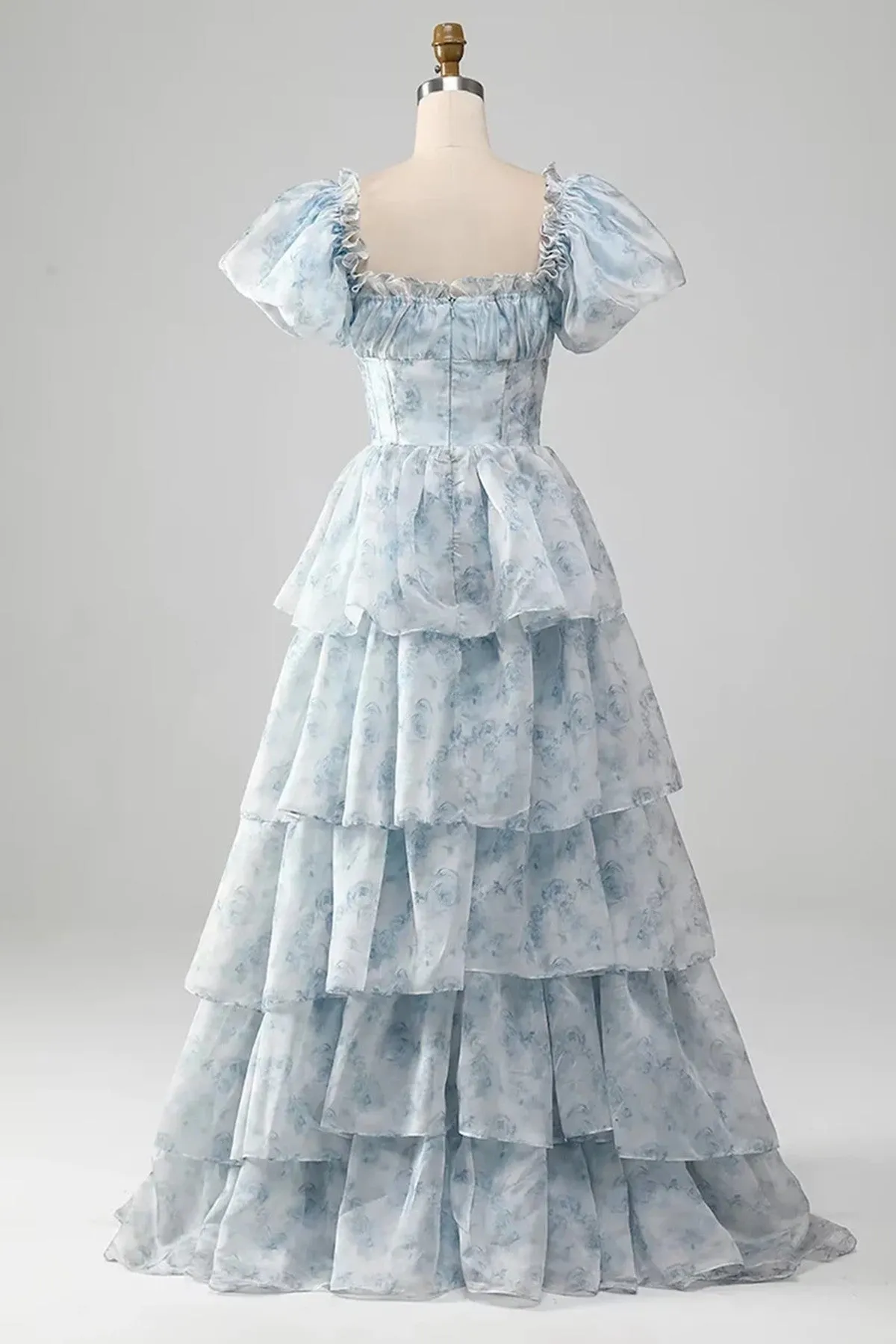 Light Blue Floral Layers Long Party Dress Evening Dress, Light Blue Prom Dress