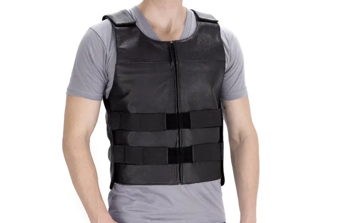 Men's Black Genuine Leather Bullet Proof Style Biker Vest