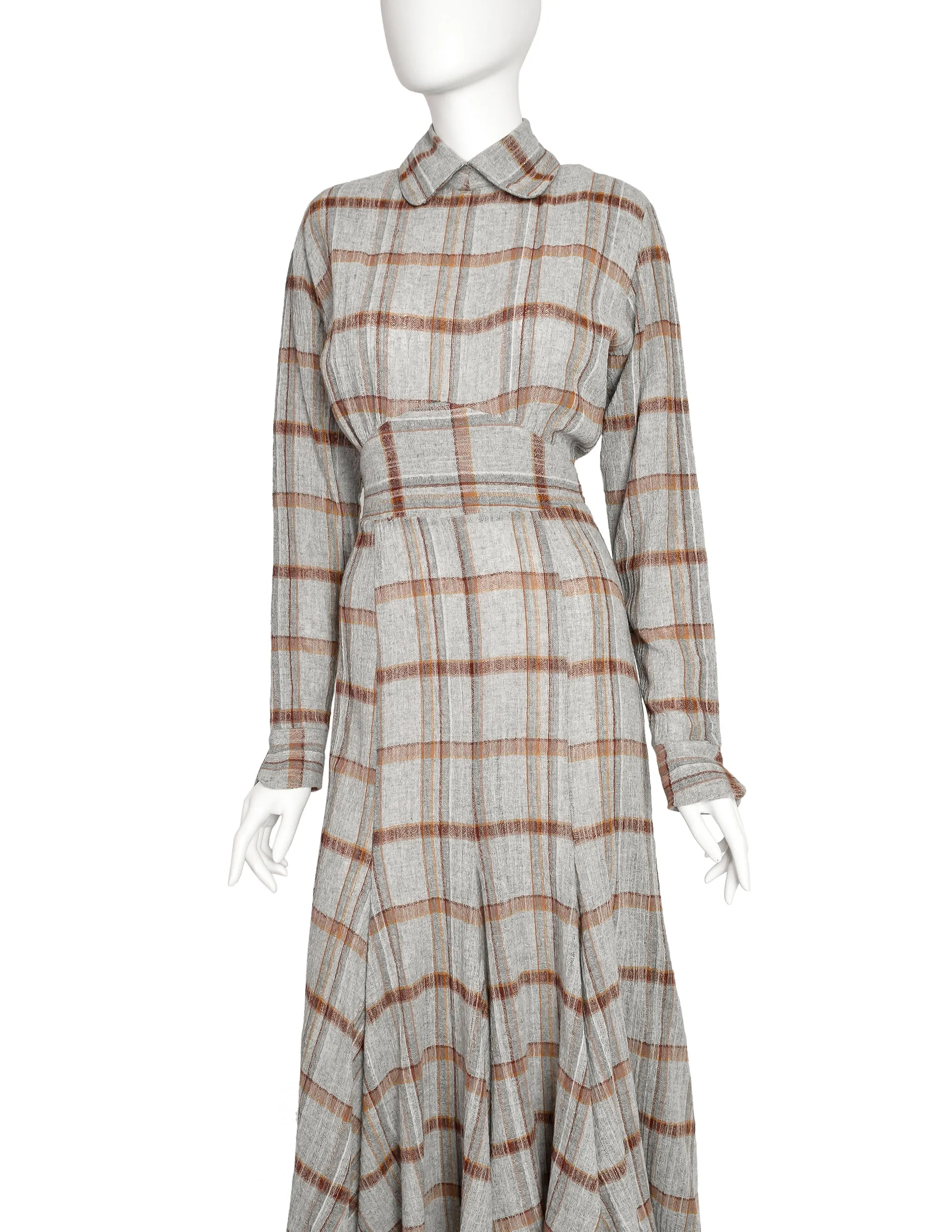 Norma Kamali Vintage Grey Plaid Gauze Wool Dress