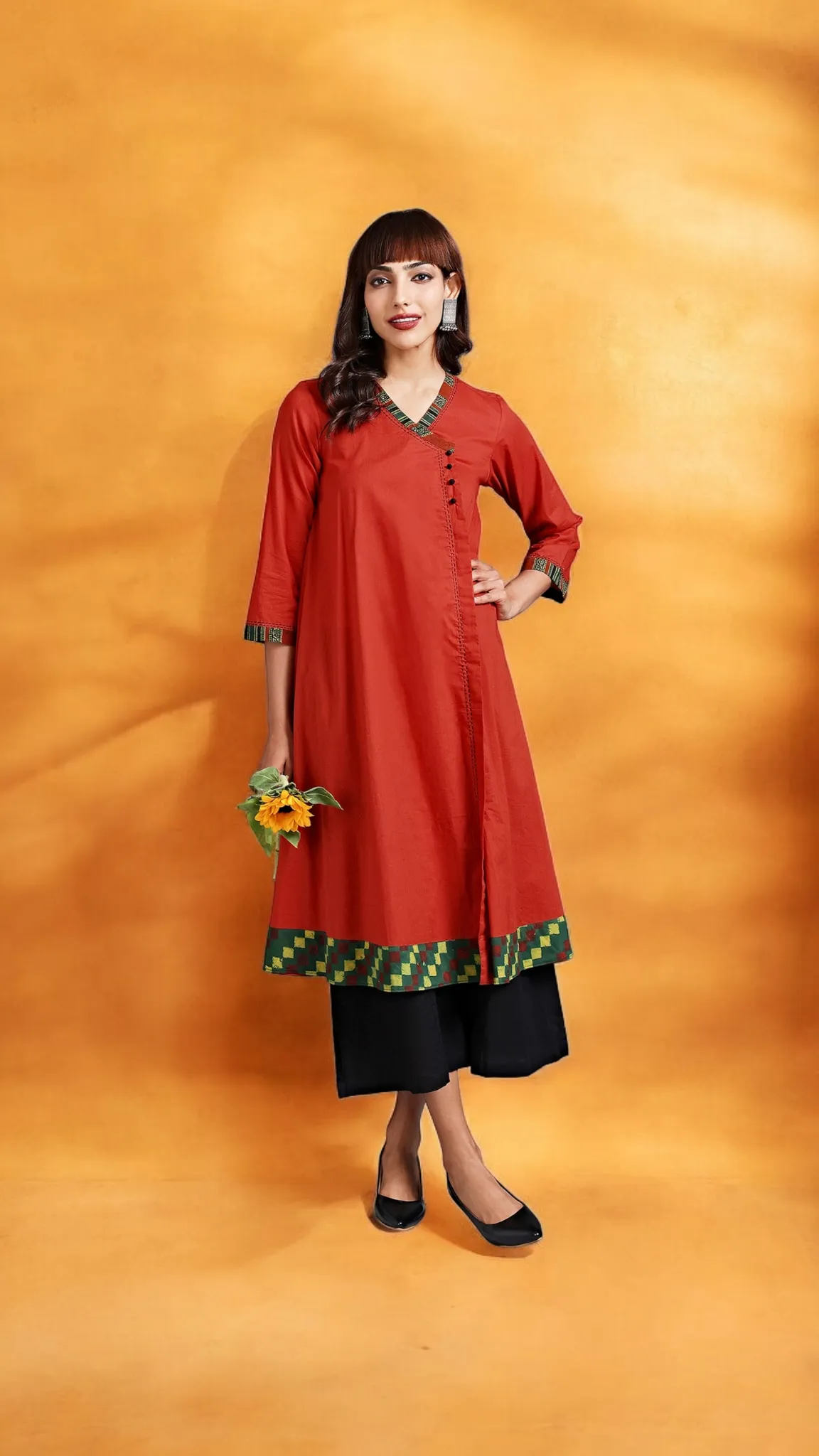overlap mughal angrakha - orange rust & eucalyptus leaf