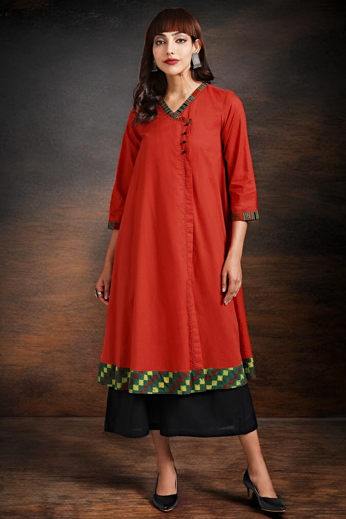 overlap mughal angrakha - orange rust & eucalyptus leaf