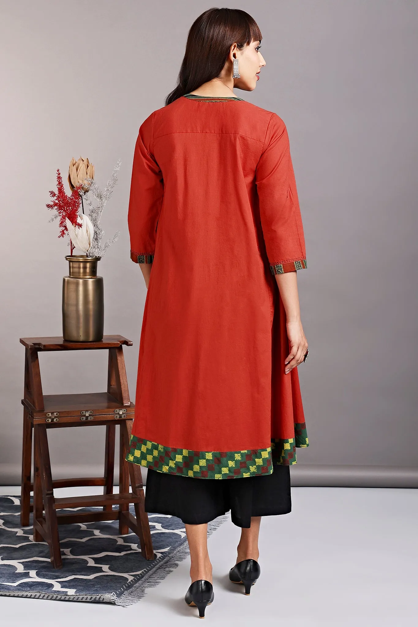 overlap mughal angrakha - orange rust & eucalyptus leaf