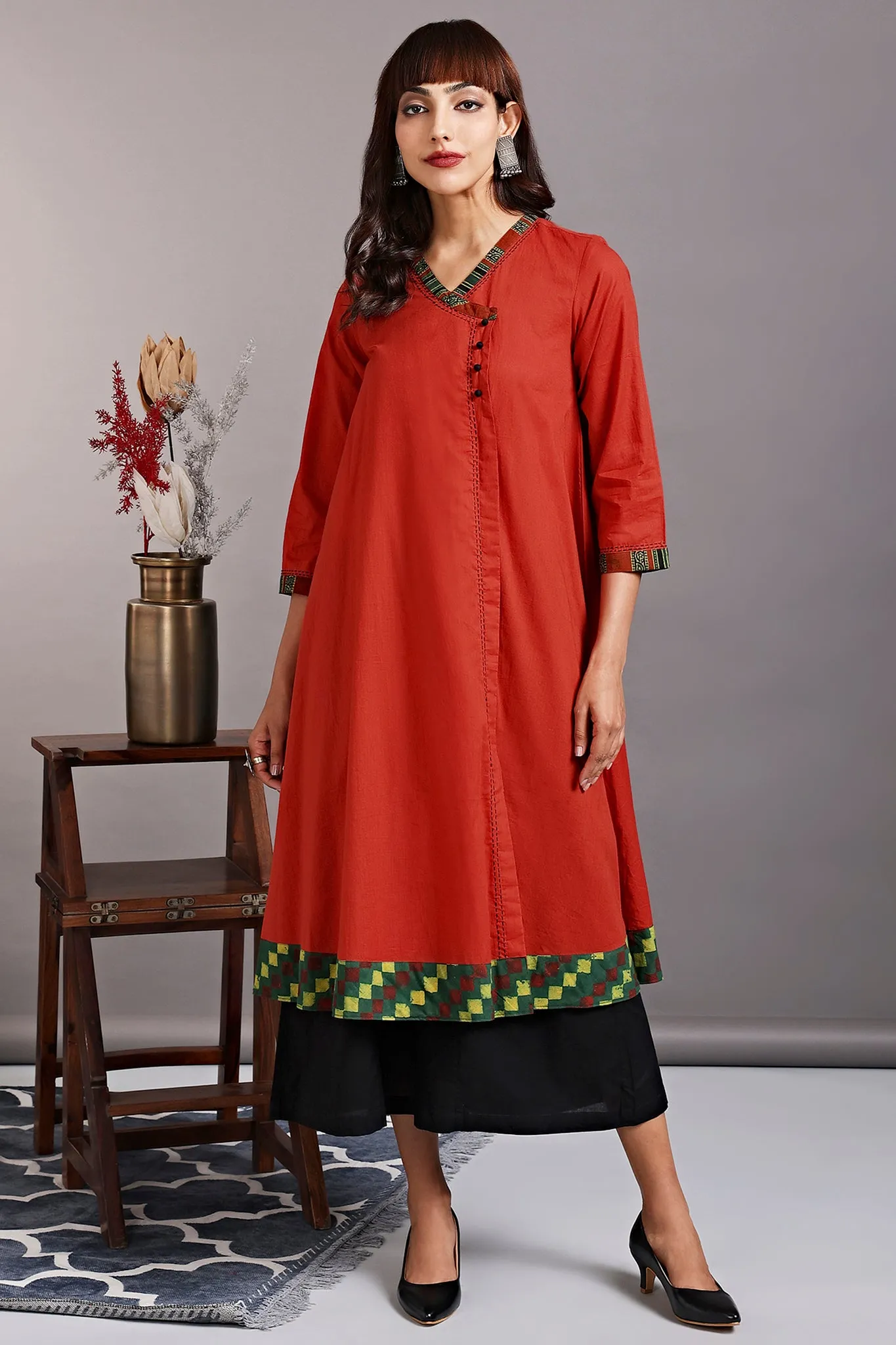 overlap mughal angrakha - orange rust & eucalyptus leaf