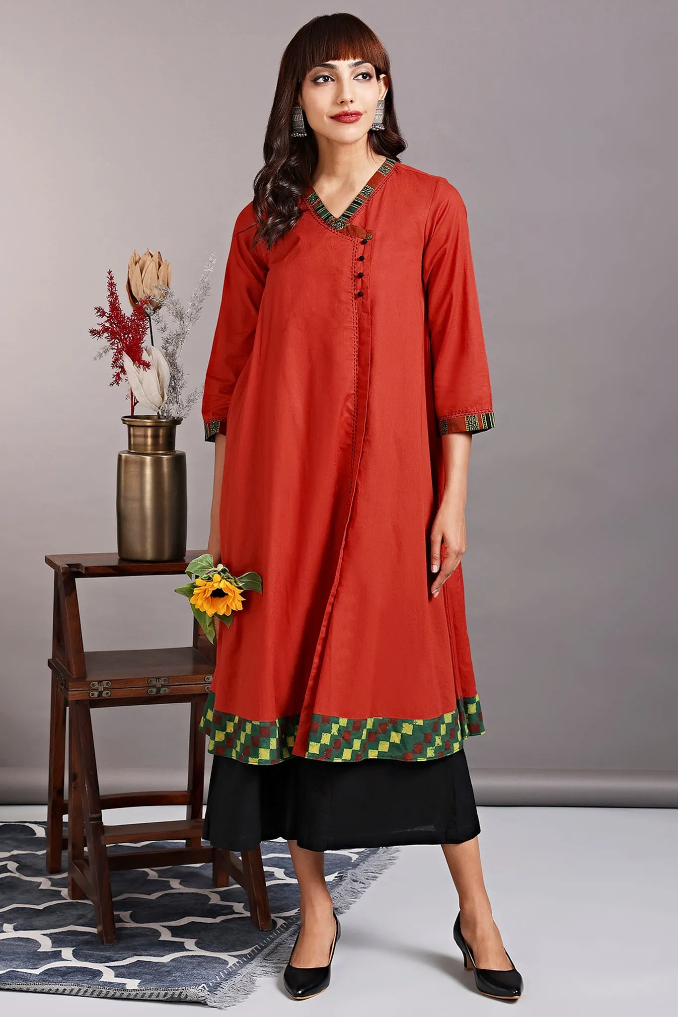 overlap mughal angrakha - orange rust & eucalyptus leaf