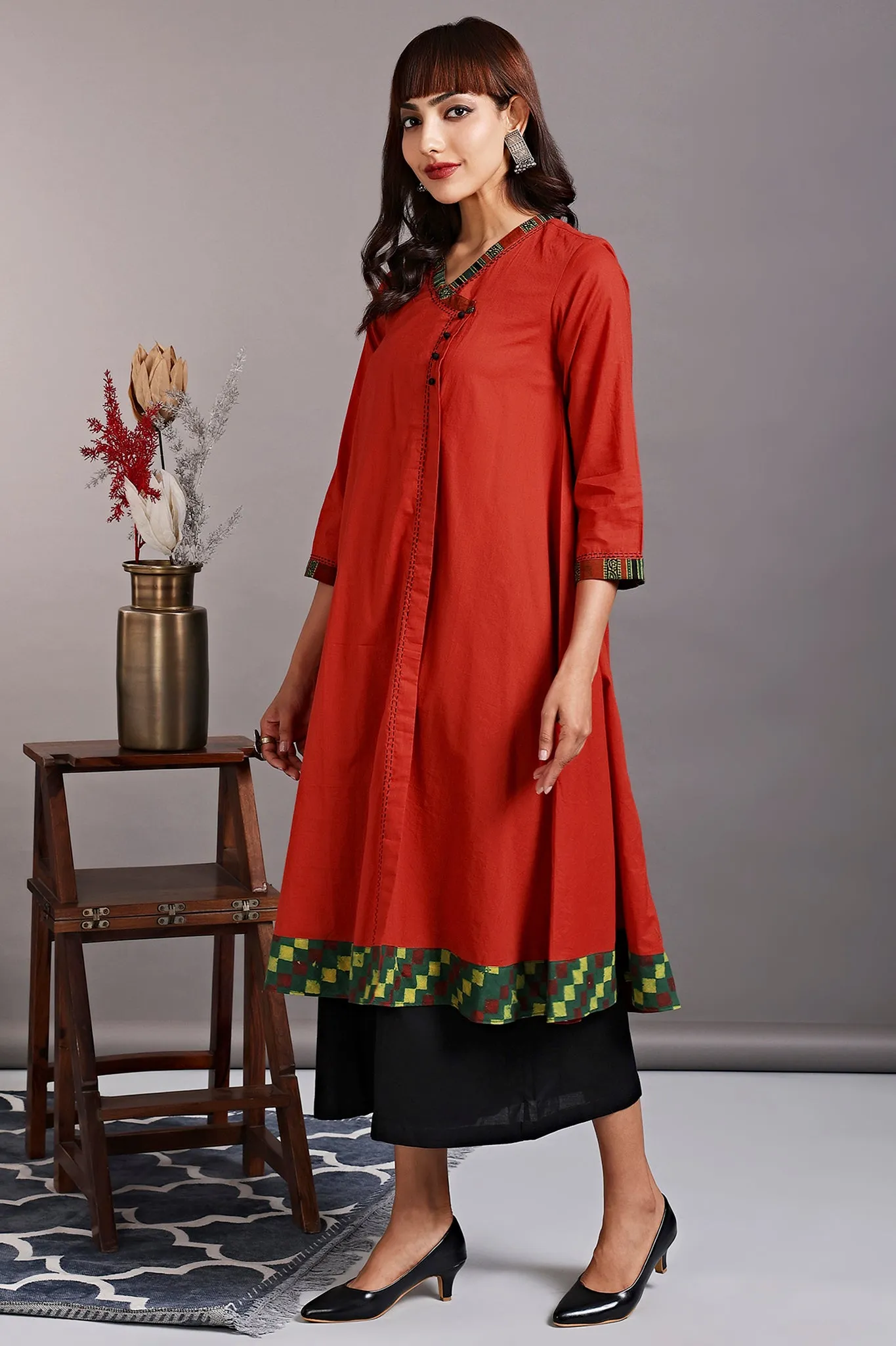 overlap mughal angrakha - orange rust & eucalyptus leaf