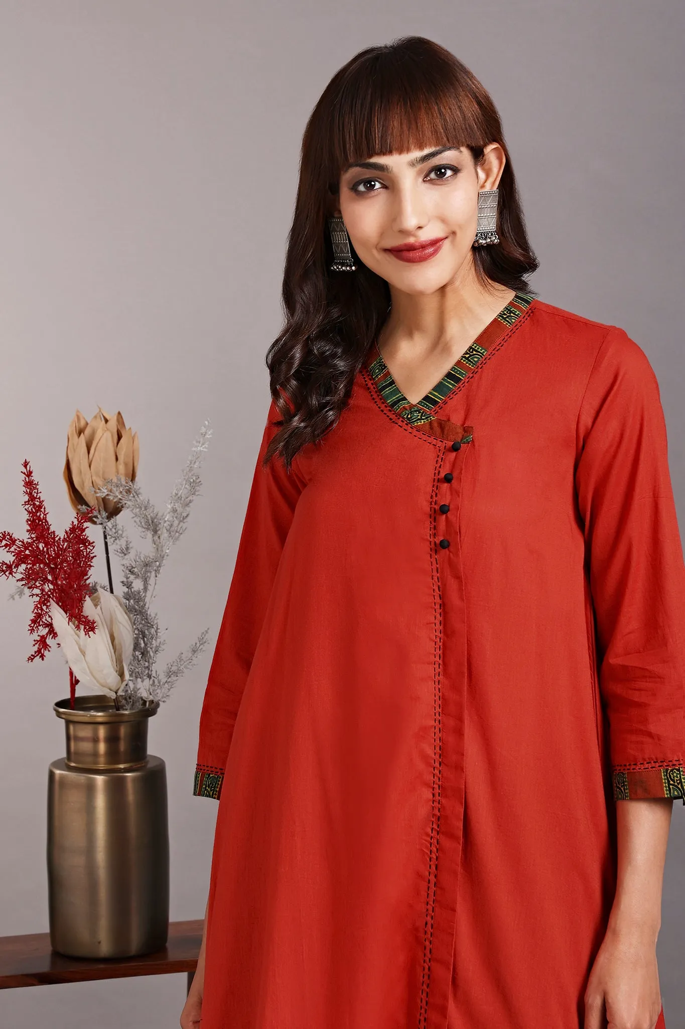 overlap mughal angrakha - orange rust & eucalyptus leaf