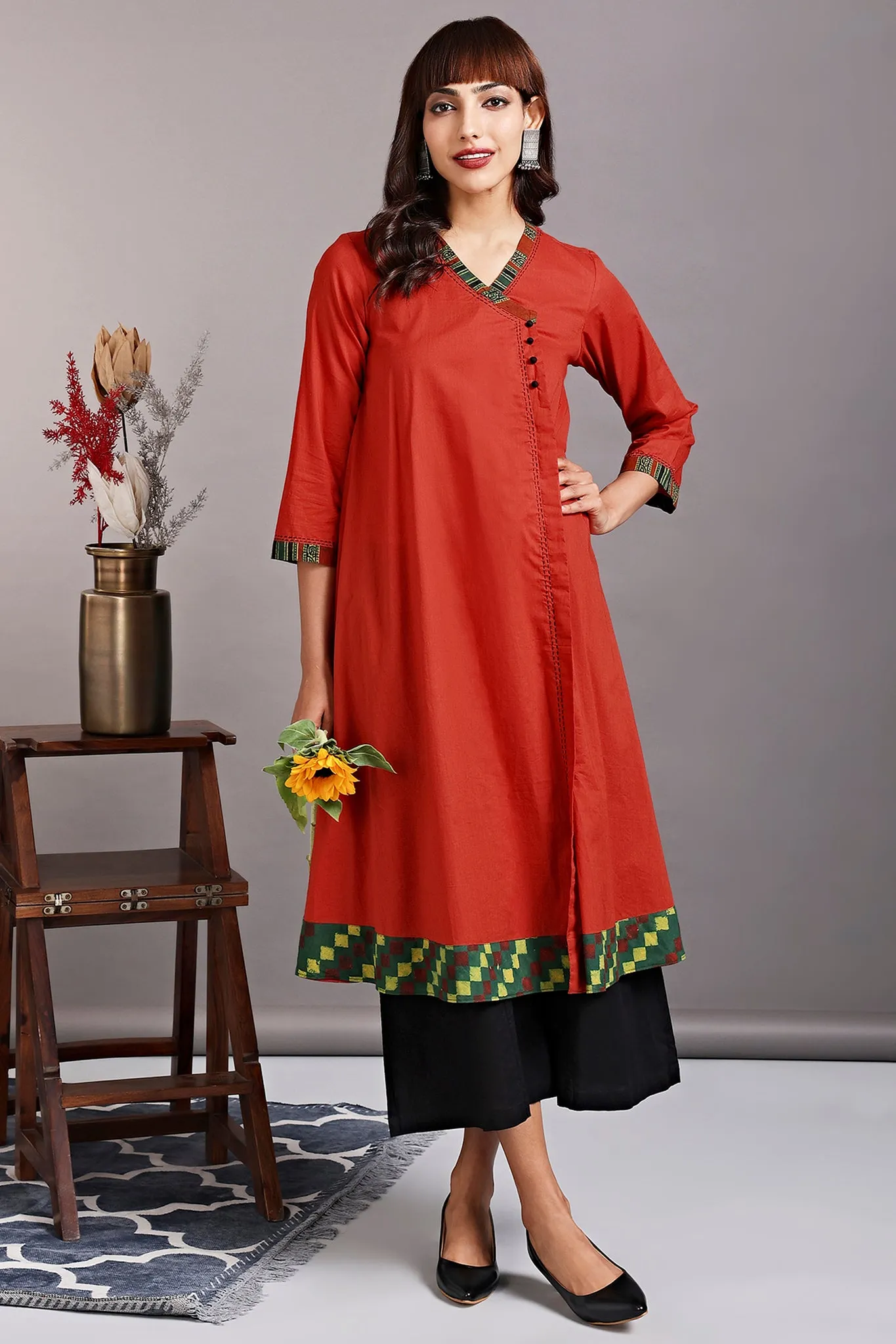 overlap mughal angrakha - orange rust & eucalyptus leaf