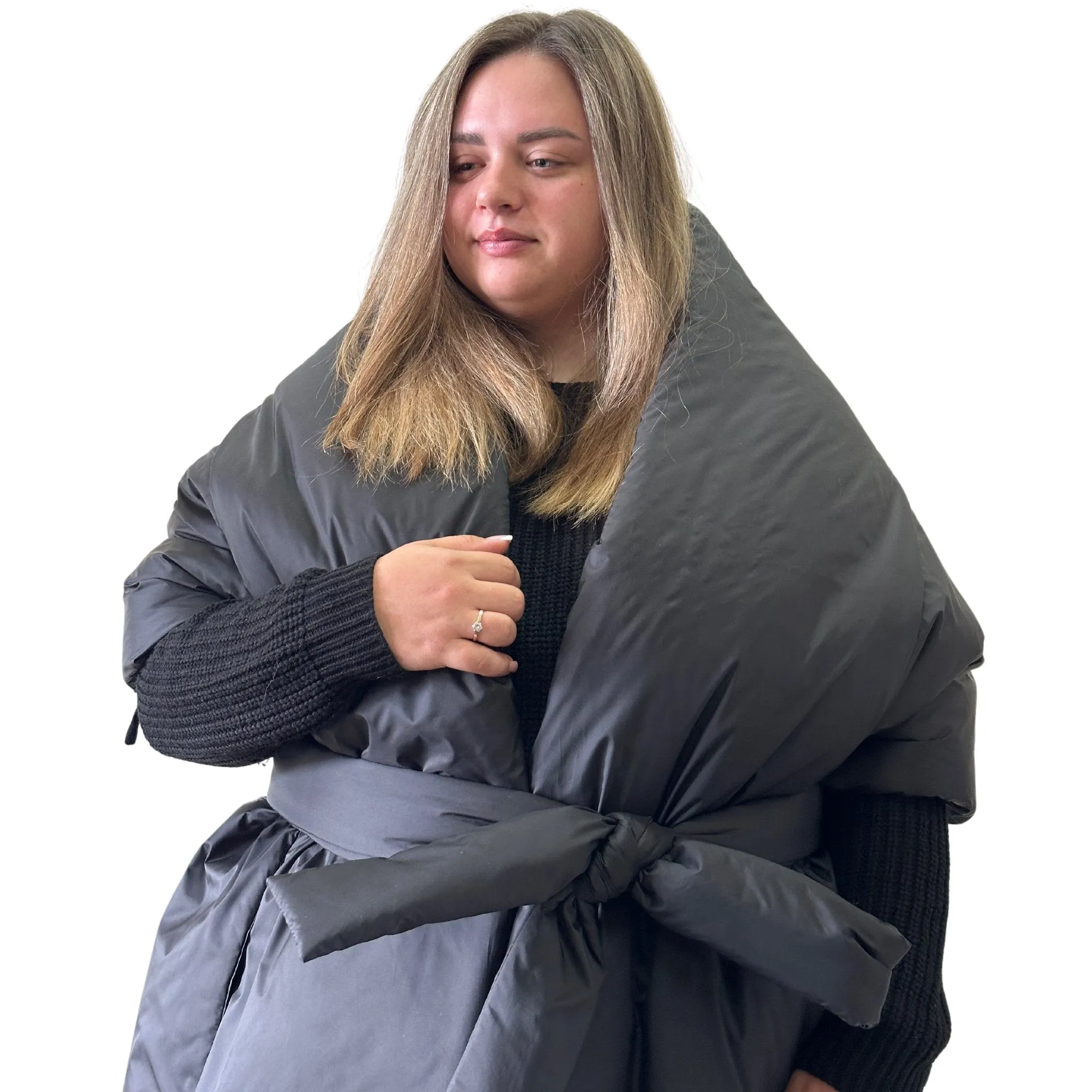 Plus Size Black Long Wide Scarf Puffer – 25x100 inches with 2 Pockets and Belt