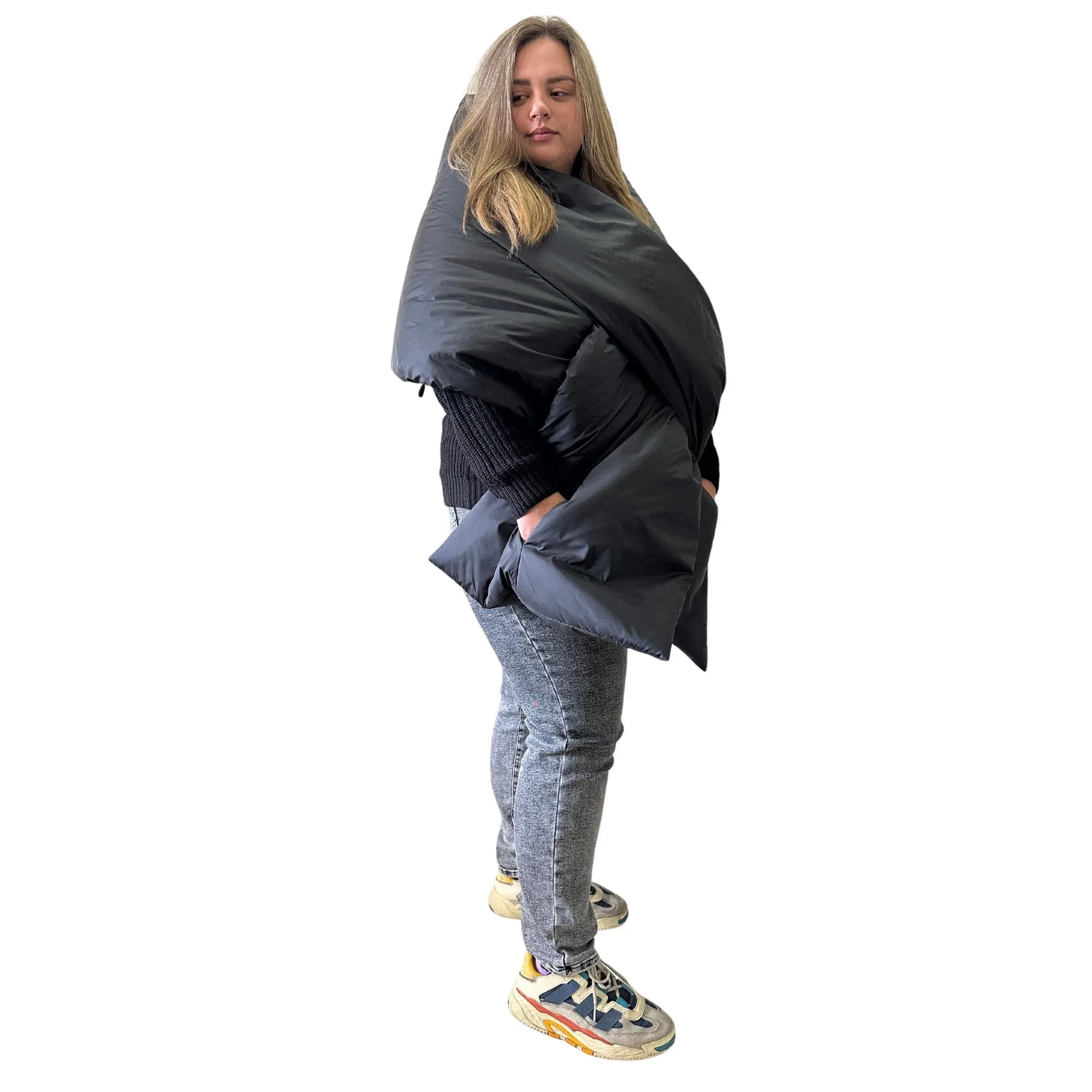 Plus Size Black Long Wide Scarf Puffer – 25x100 inches with 2 Pockets and Belt