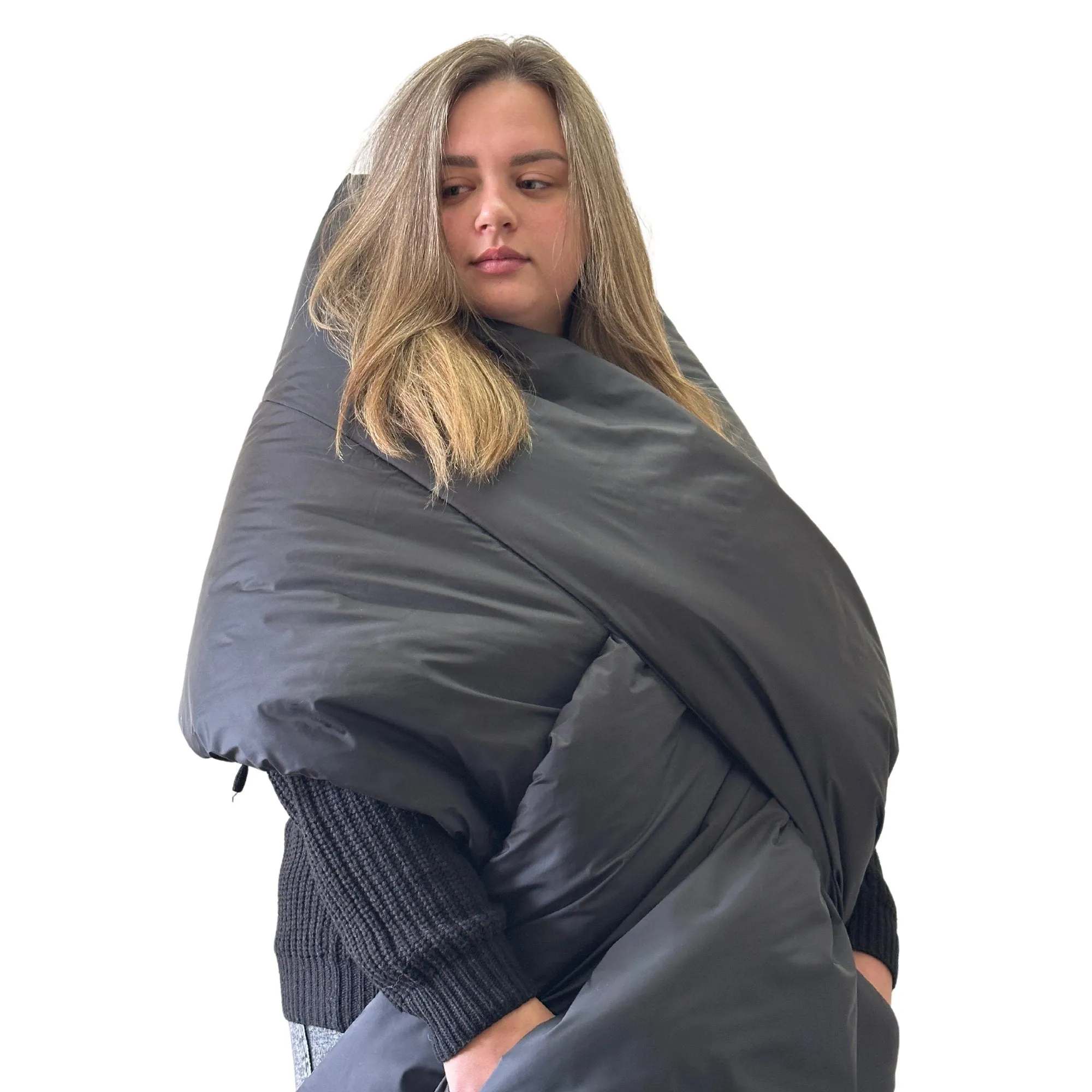 Plus Size Black Long Wide Scarf Puffer – 25x100 inches with 2 Pockets and Belt