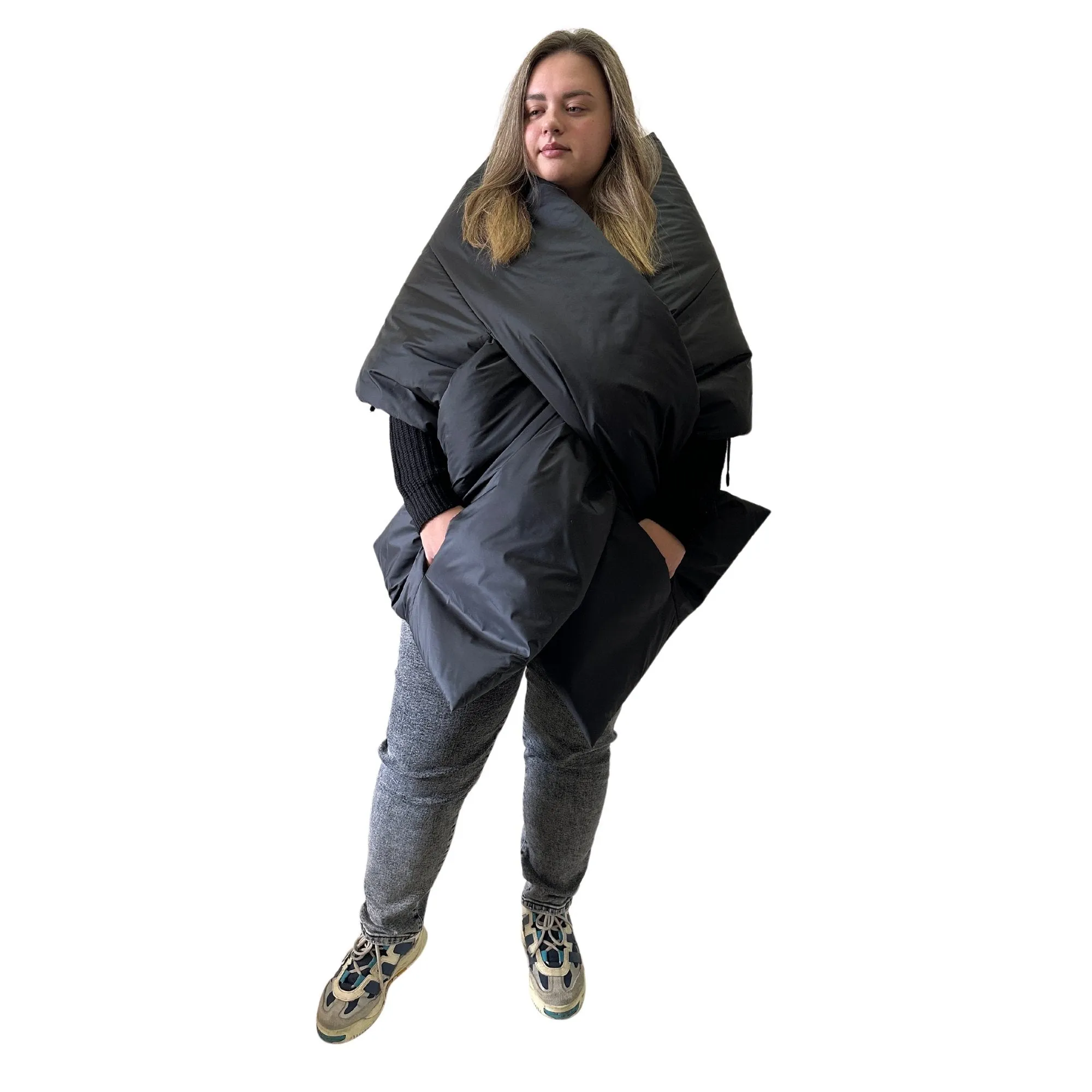 Plus Size Black Long Wide Scarf Puffer – 25x100 inches with 2 Pockets and Belt