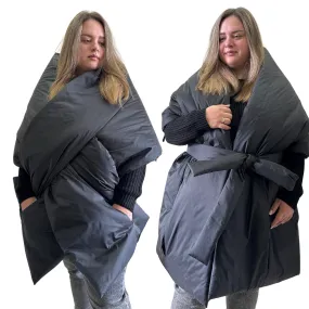 Plus Size Black Long Wide Scarf Puffer – 25x100 inches with 2 Pockets and Belt