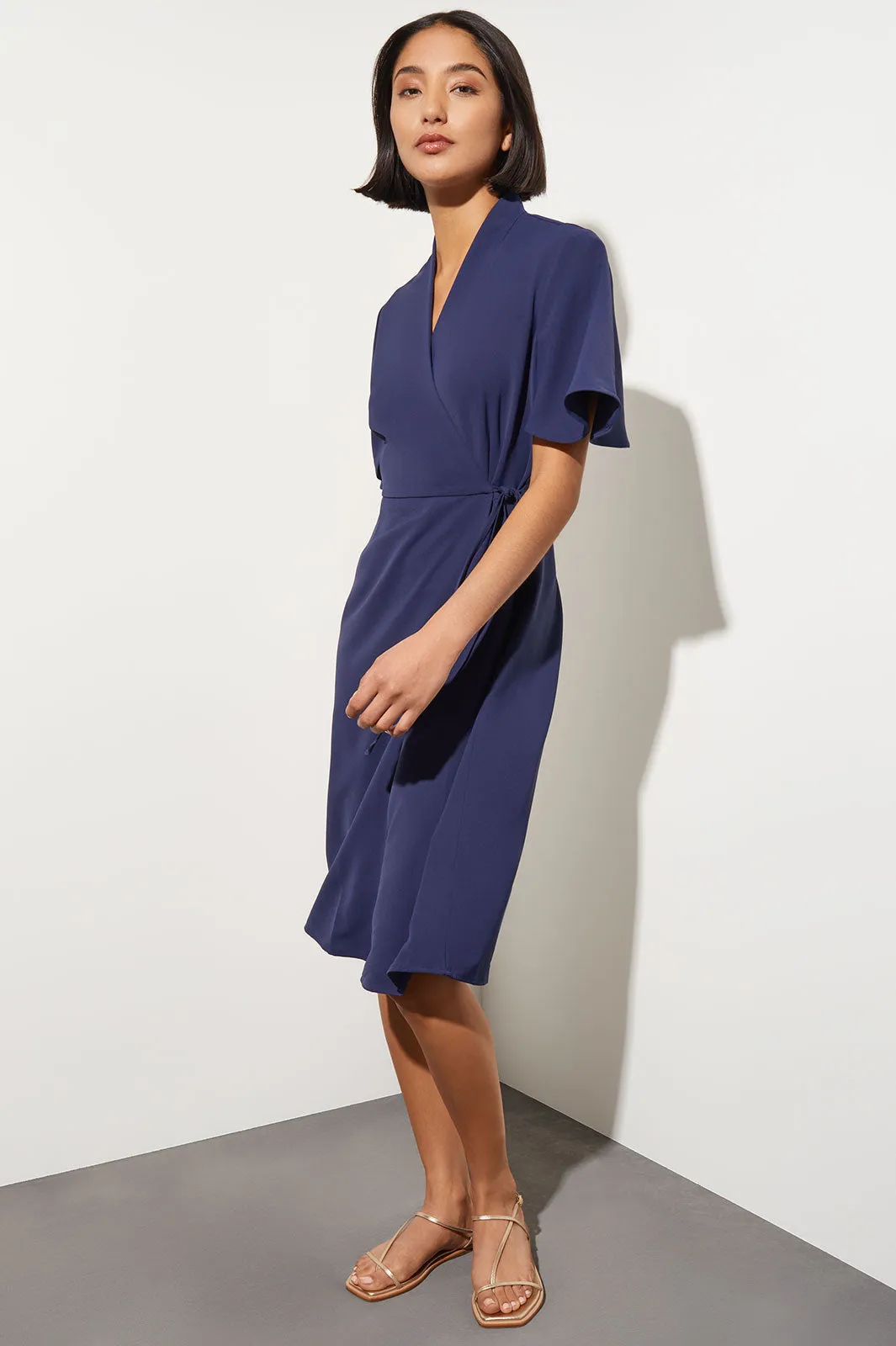 Plus Size Butterfly Sleeve Crepe de Chine Wrap Dress, Indigo