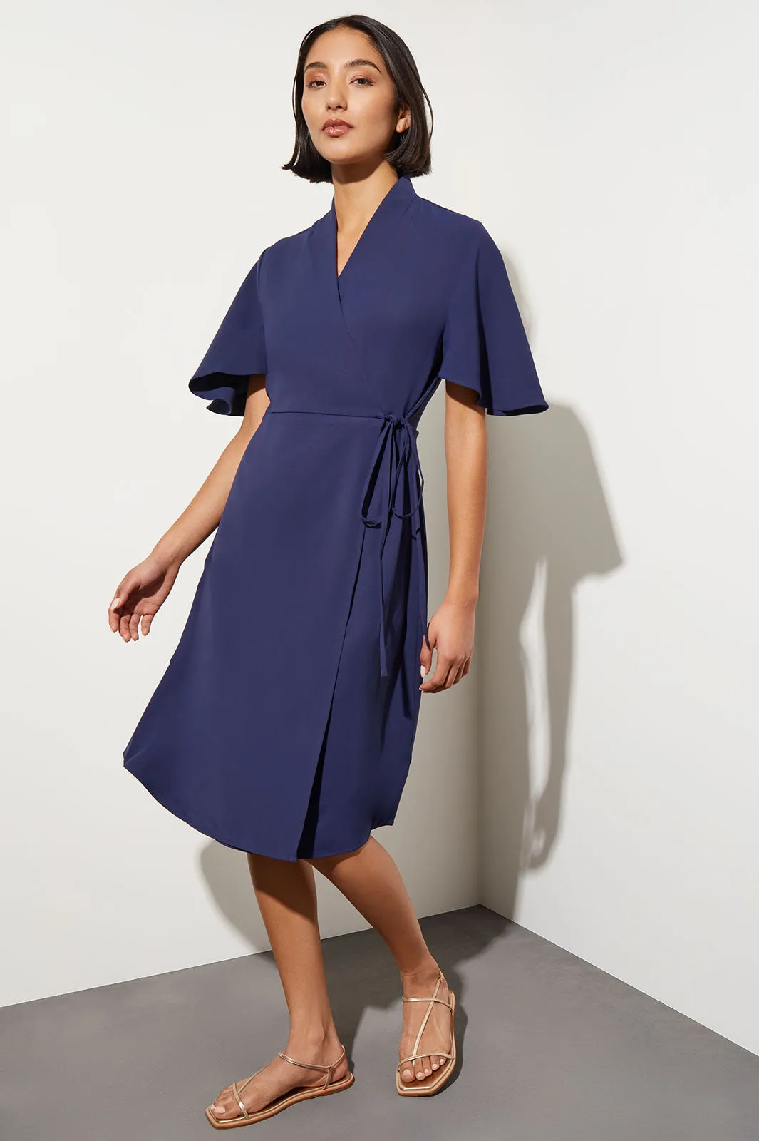 Plus Size Butterfly Sleeve Crepe de Chine Wrap Dress, Indigo