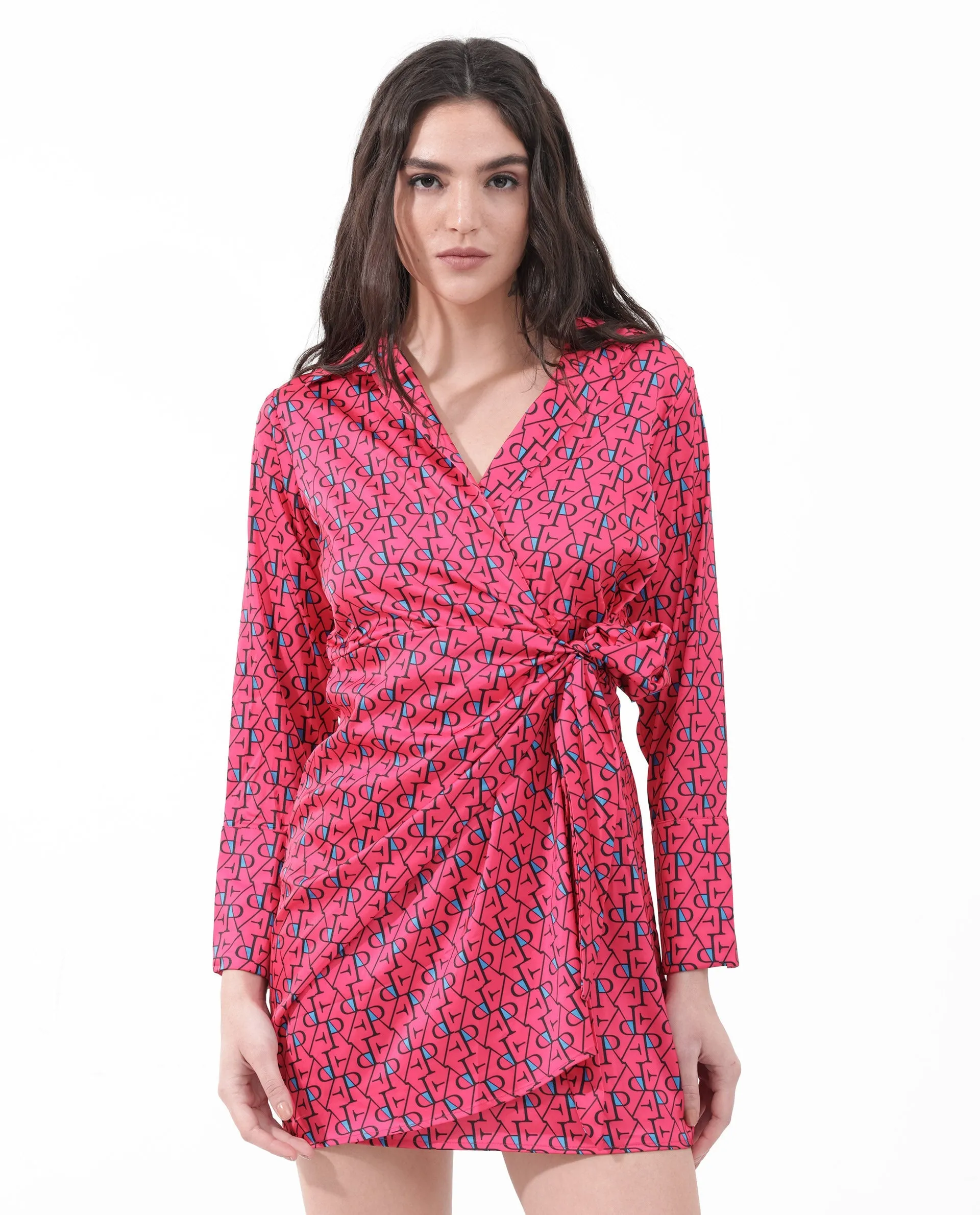 Rareism Women Gangiv Flouroscent Pink Polyester Fabric Regular Sleeves V-Neck Abstract Print Knee Length Dress