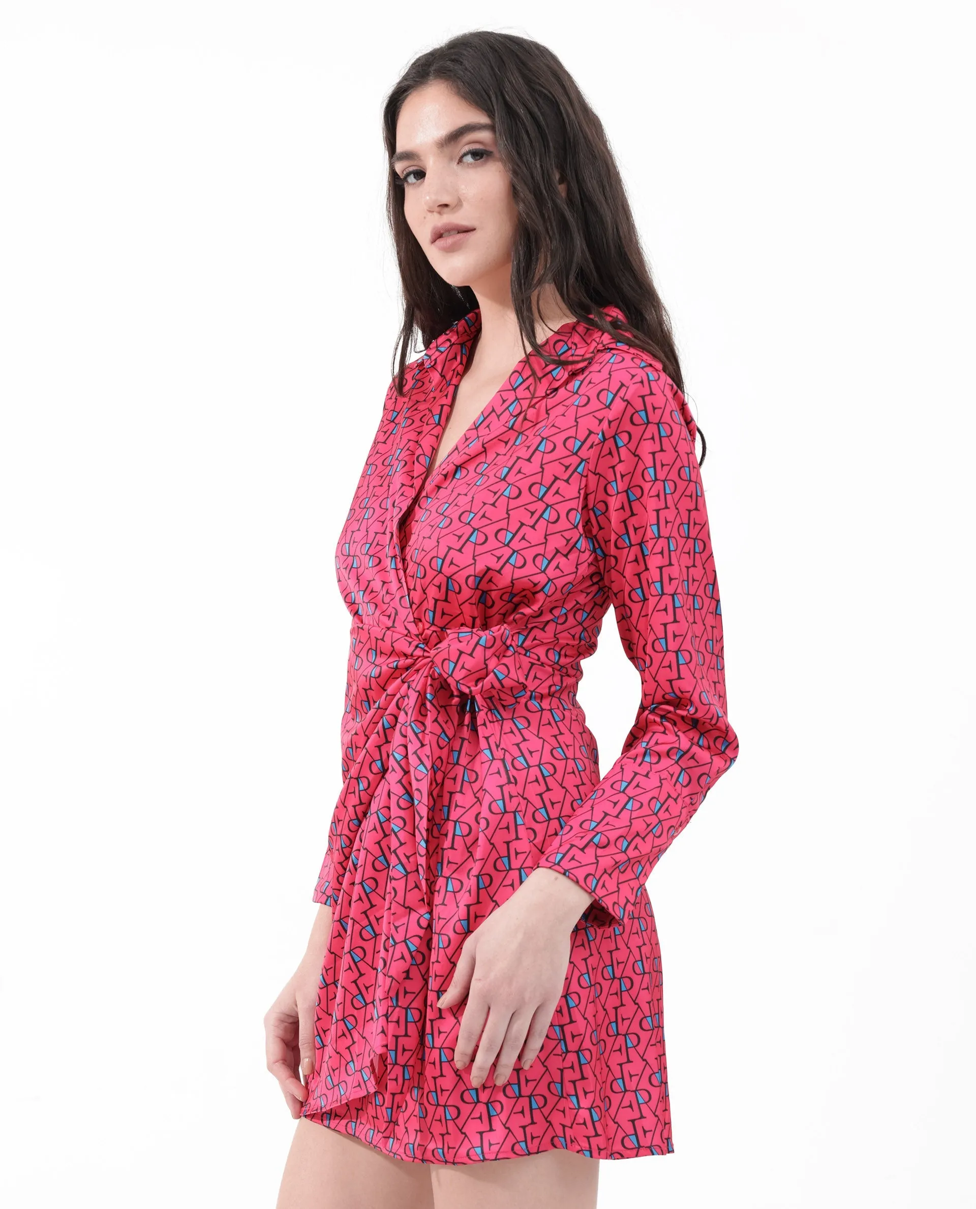 Rareism Women Gangiv Flouroscent Pink Polyester Fabric Regular Sleeves V-Neck Abstract Print Knee Length Dress