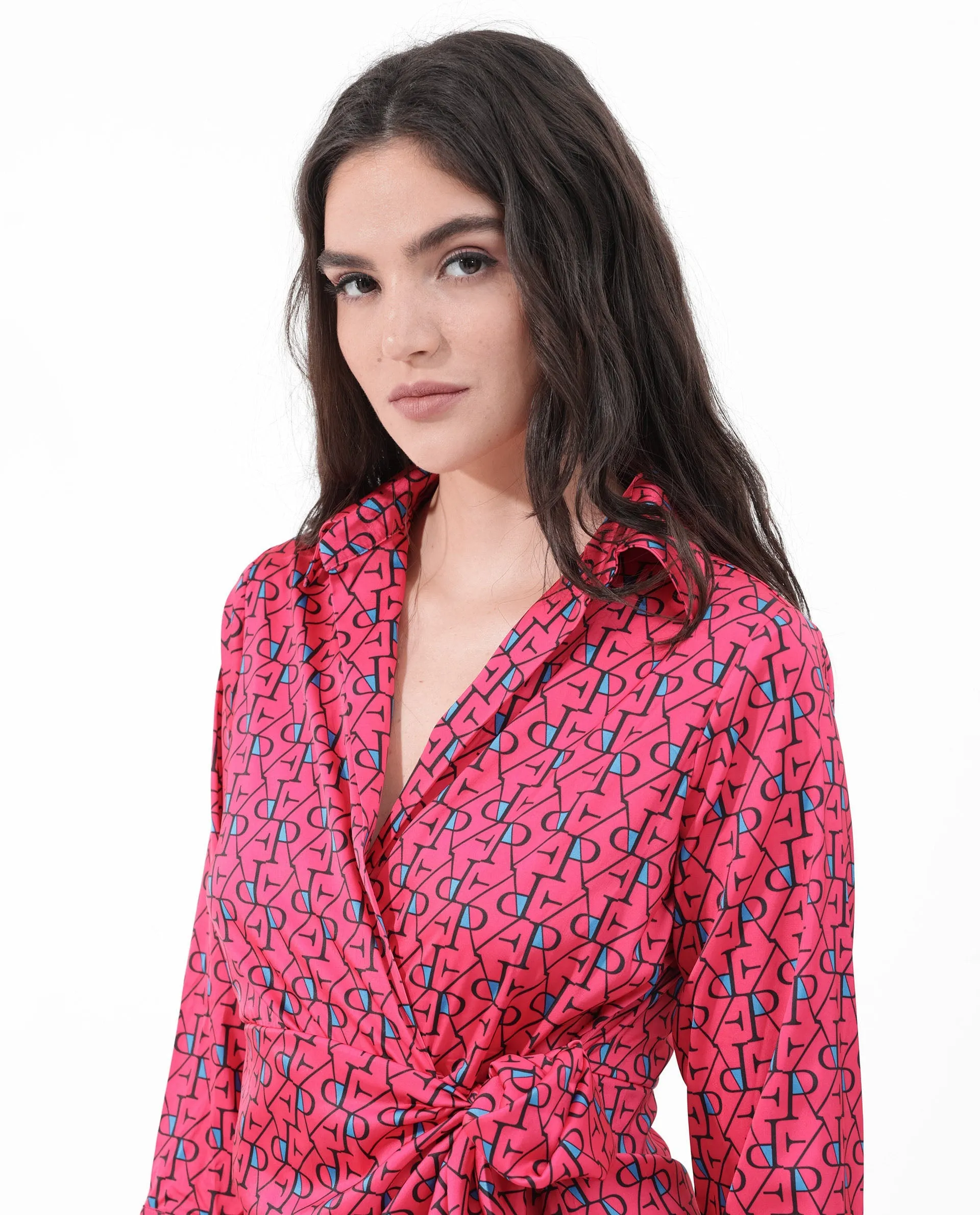 Rareism Women Gangiv Flouroscent Pink Polyester Fabric Regular Sleeves V-Neck Abstract Print Knee Length Dress