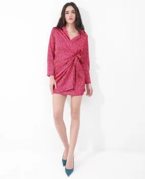 Rareism Women Gangiv Flouroscent Pink Polyester Fabric Regular Sleeves V-Neck Abstract Print Knee Length Dress