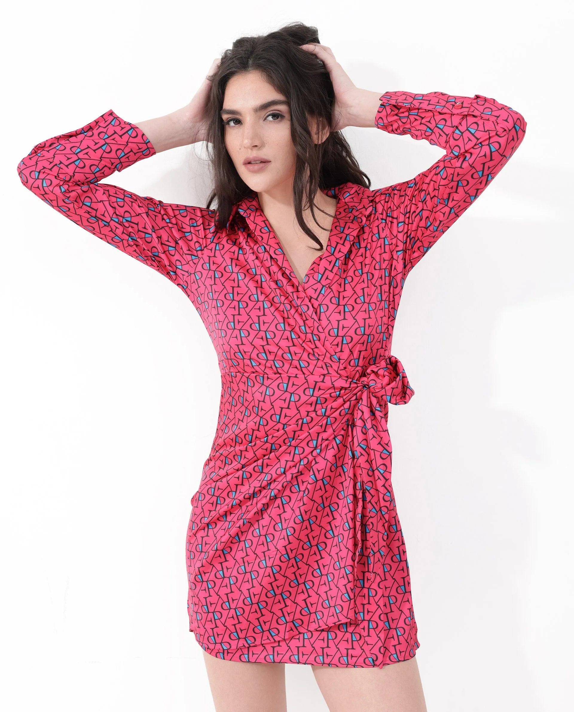 Rareism Women Gangiv Flouroscent Pink Polyester Fabric Regular Sleeves V-Neck Abstract Print Knee Length Dress