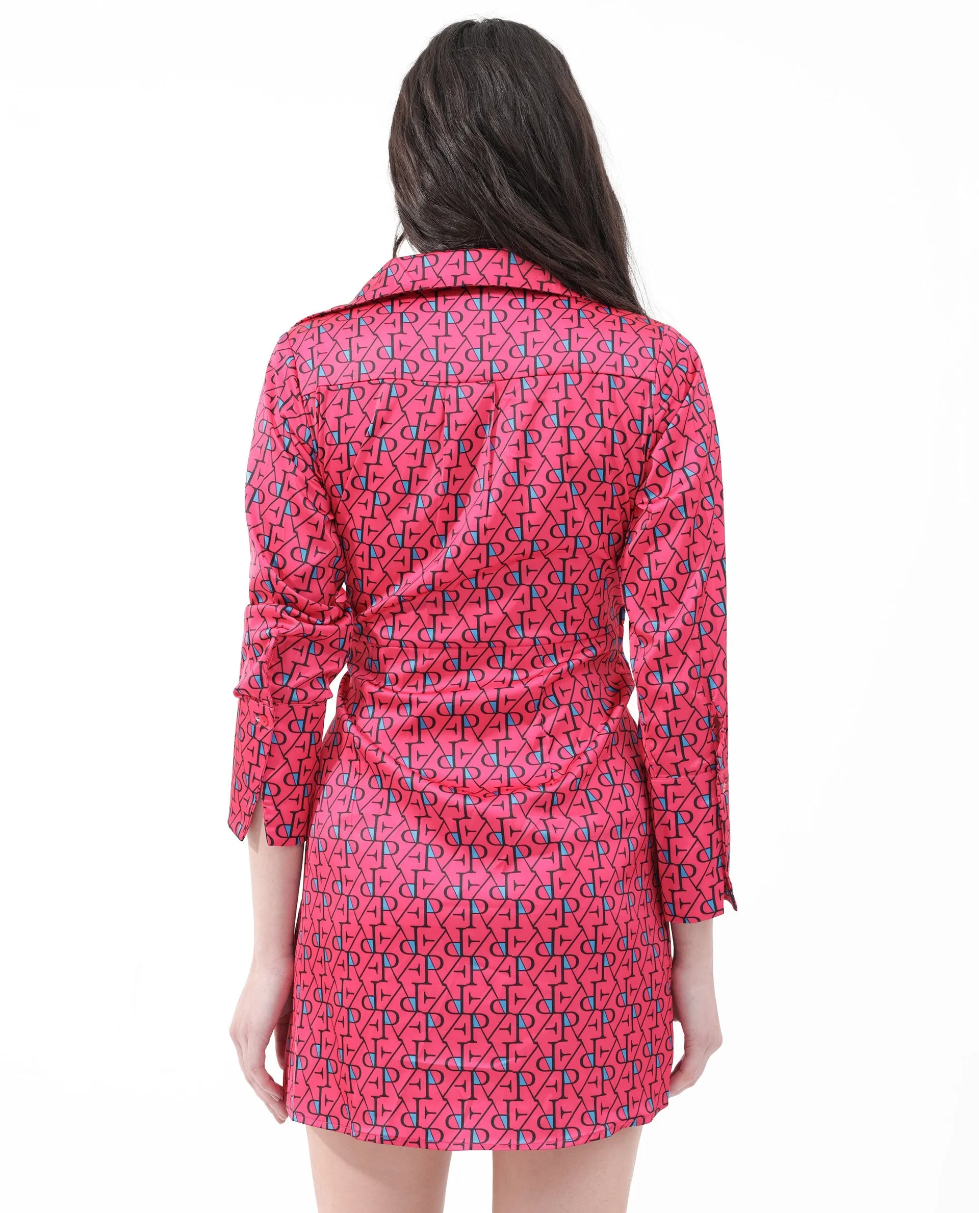 Rareism Women Gangiv Flouroscent Pink Polyester Fabric Regular Sleeves V-Neck Abstract Print Knee Length Dress