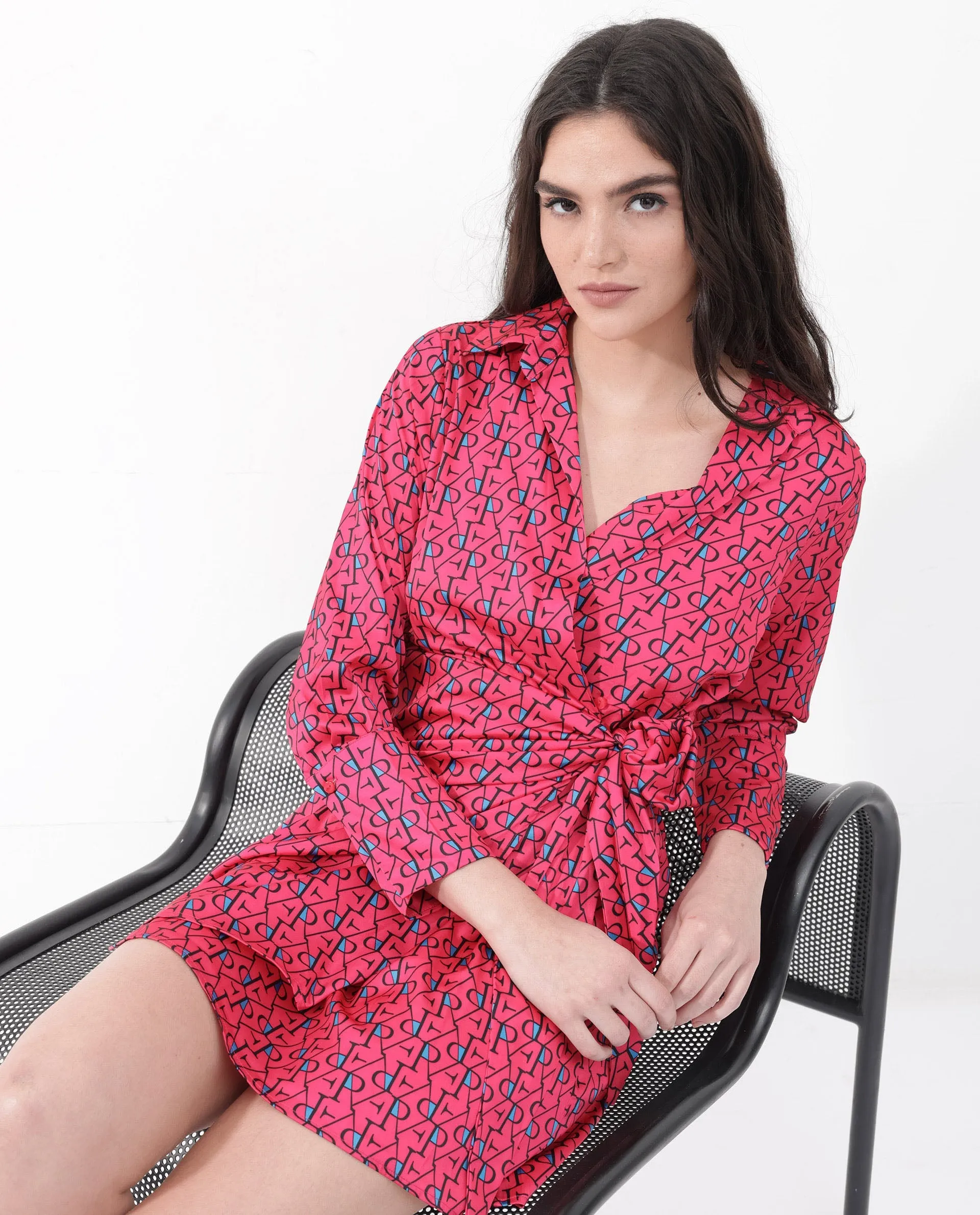 Rareism Women Gangiv Flouroscent Pink Polyester Fabric Regular Sleeves V-Neck Abstract Print Knee Length Dress