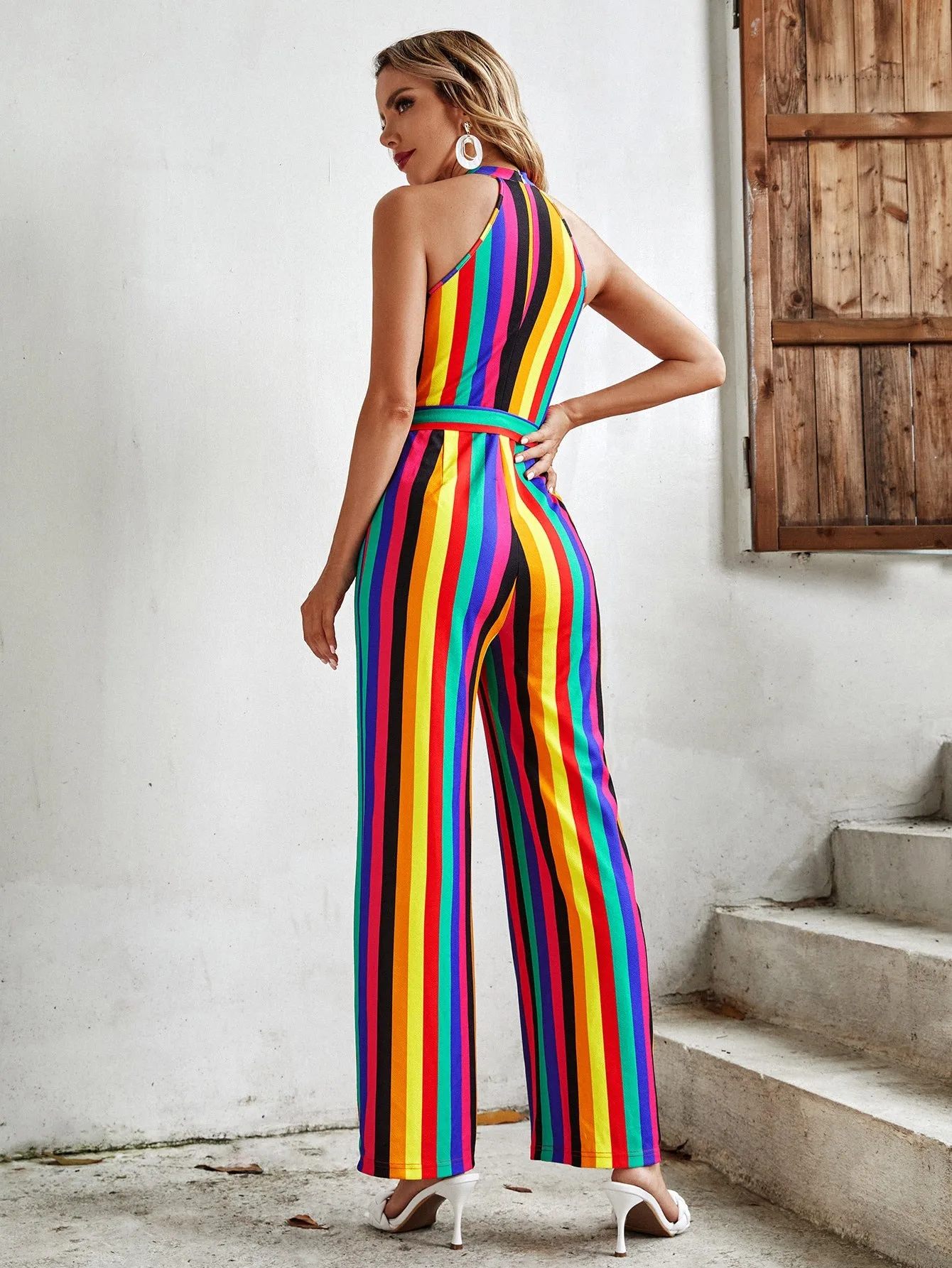 Sexy Striped Belted Sleeveless Halter High Waist Long Women Jumpsuit