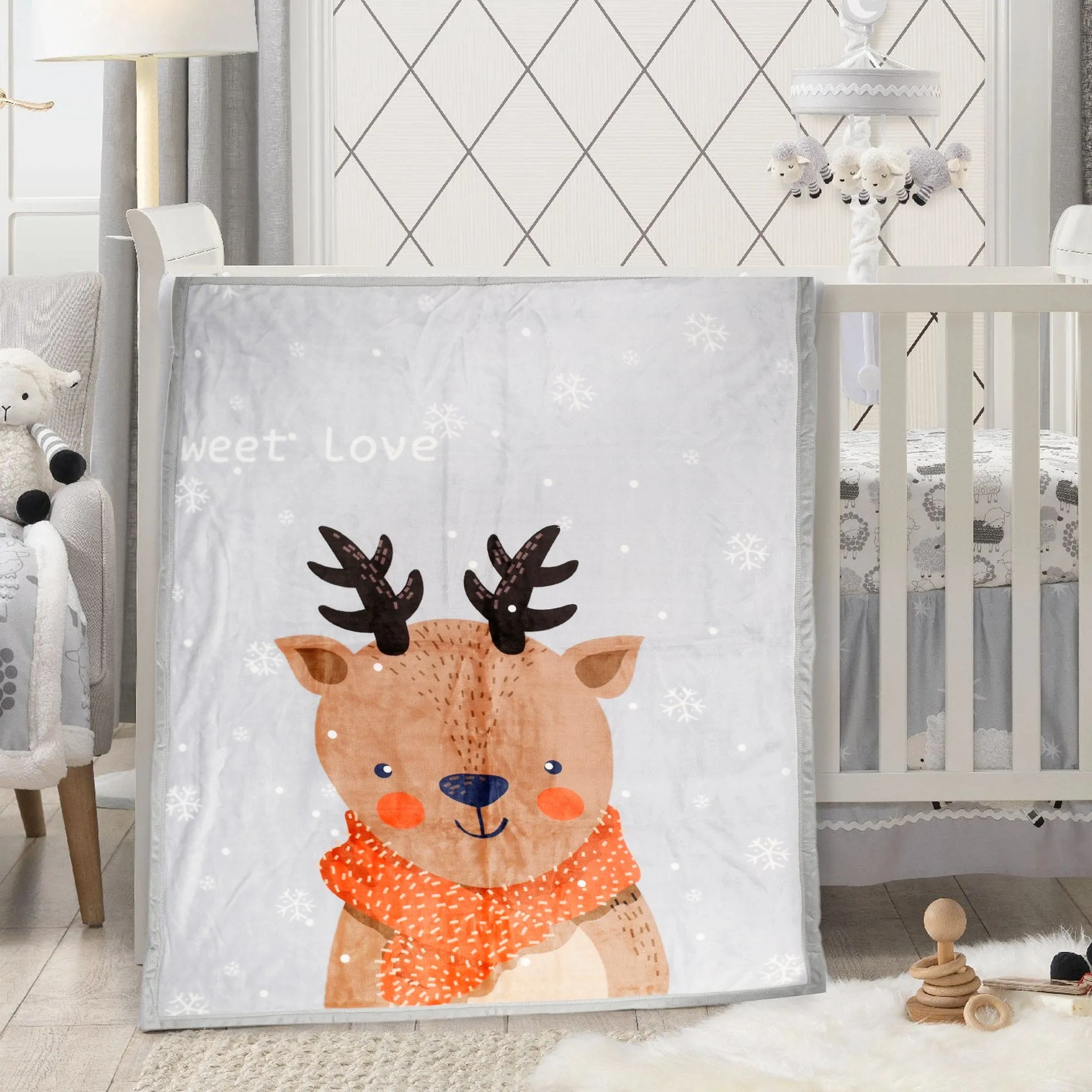 Snowy Reindeer Grey Two-Ply Blanket