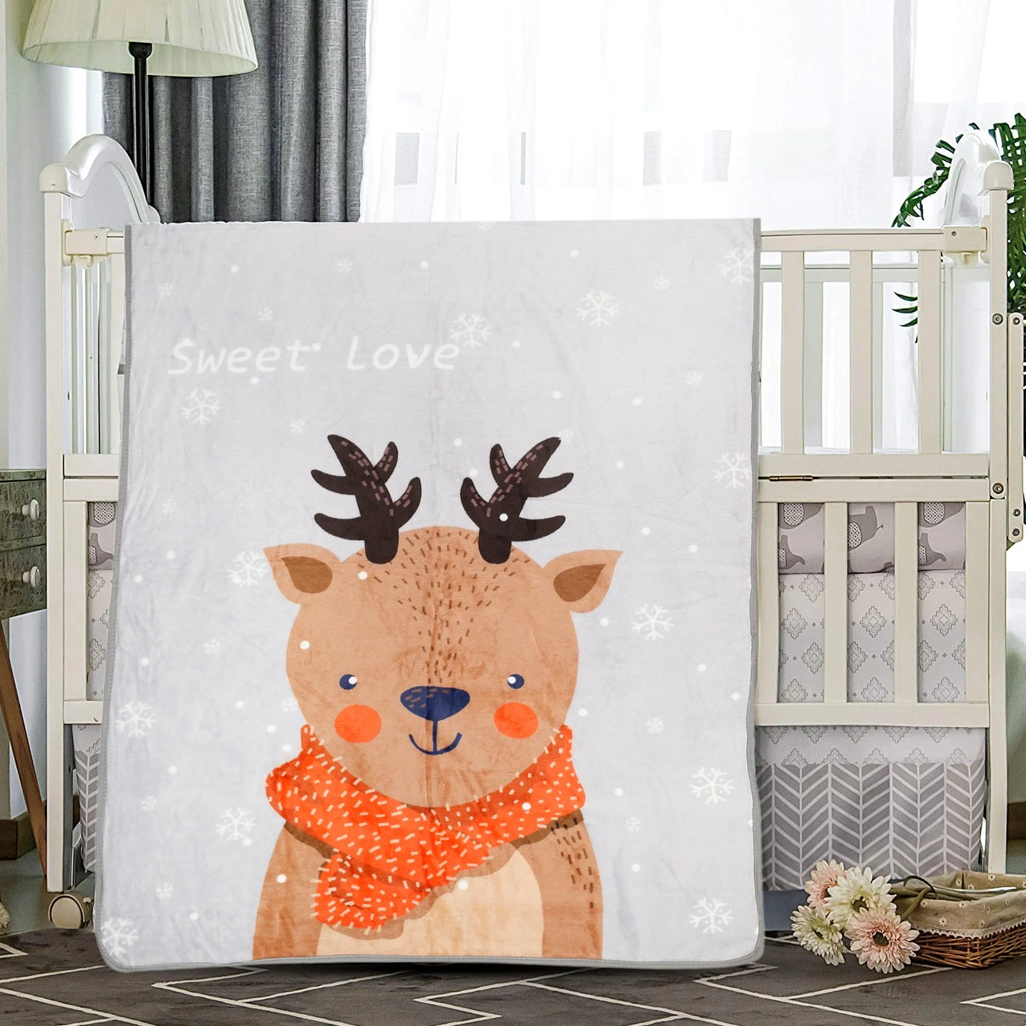 Snowy Reindeer White One Ply Blanket