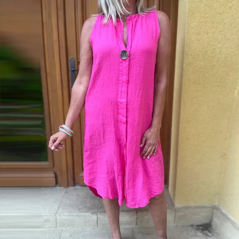 TAVIMART  -  Casual Ladies 2024 V-Neck Office Pullover Dress Elegant Sleeveless Solid Formal Midi Dress Simple Summer Women Loose Party Dress