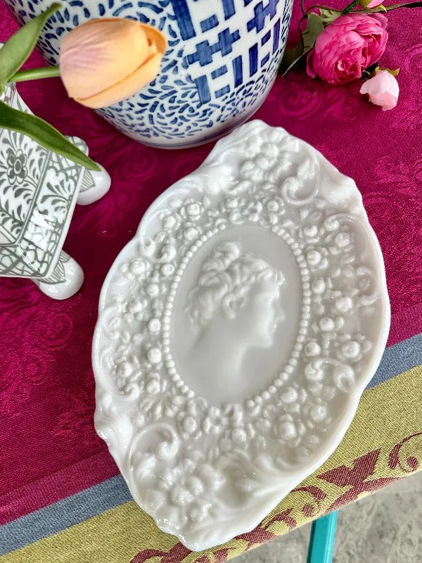 Vintage Milk Glass Cameo Dresser Tray Jenny Lind 1954-1965