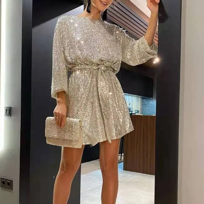 Wenkouban Sequins Women Long Sleeve Belt Mini Party Dress Loose O-Neck Ladies Solid Bling Fashion Vestidos 2023 New Year Formal Dresses