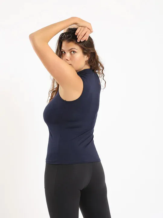 Women High Neck Sleeveless Basic Shirt - Navy Blue
