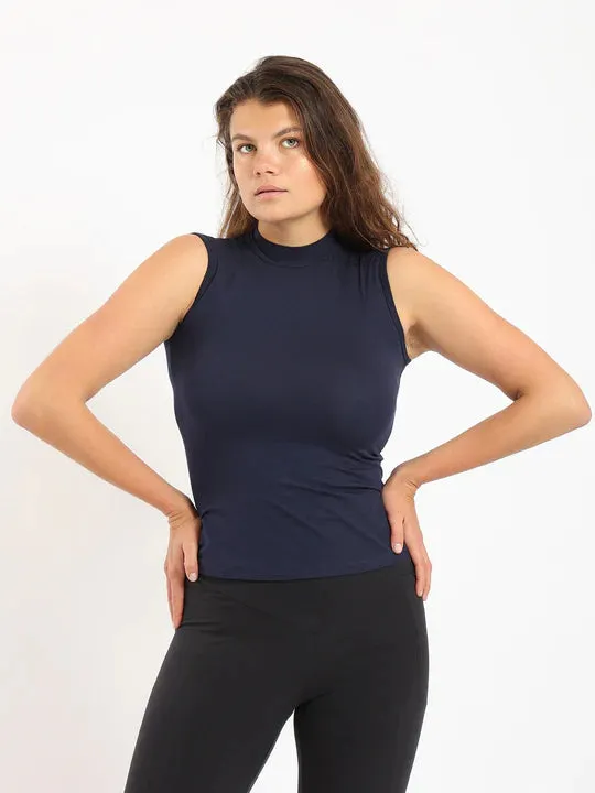 Women High Neck Sleeveless Basic Shirt - Navy Blue