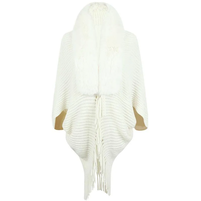 Women's Fur Collar Tassel Shawl Knitted